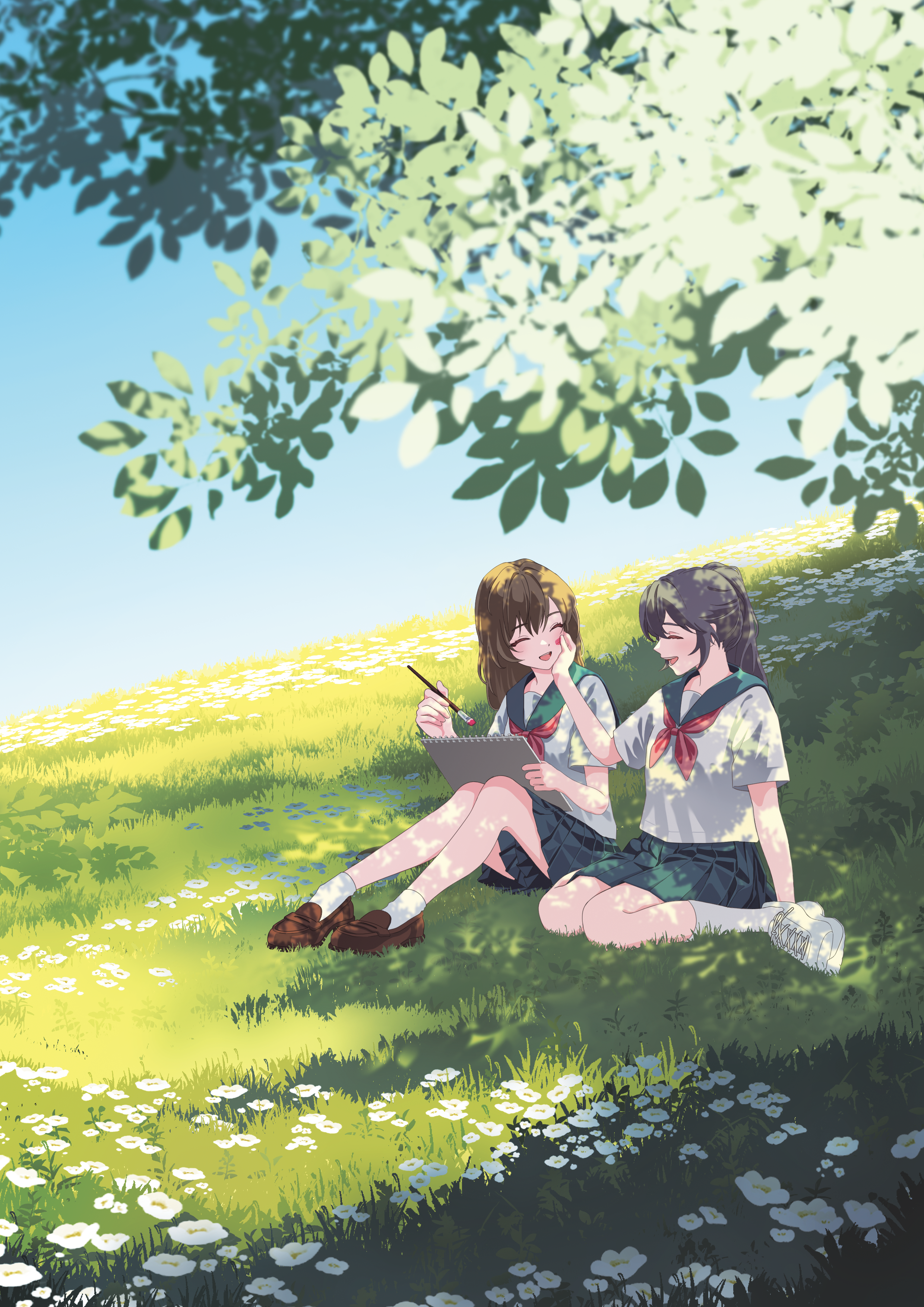 original, absurdres, commentary request, highres, 2girls, ^ ^, arm at side, black hair, blue sky, brown hair, brown shoes, closed eyes, dappled sunlight, day, field, flower, green sailor collar, green skirt, hand on another's cheek, hand on another's face, happy, holding, holding notebook, holding paintbrush, loafers, long hair, multiple girls, neckerchief, notebook, on ground, open mouth, outdoors, paintbrush, ponytail, red neckerchief, sailor collar, scenery, school uniform, serafuku, shirt, shoes, short sleeves, sitting, skirt, sky, smile, sneakers, socks, summer, summer uniform, sunlight, white flower, white shirt, white shoes, white socks, yashio (840san)