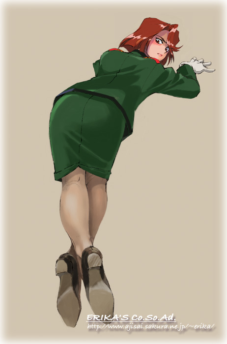 shibata masahiro, fujieda kaede, sakura taisen, sakura taisen ii, 00s, 1girl, bent over, blush, brown hair, female focus, gloves, military, military uniform, pantyhose, pencil skirt, short hair, skirt, solo