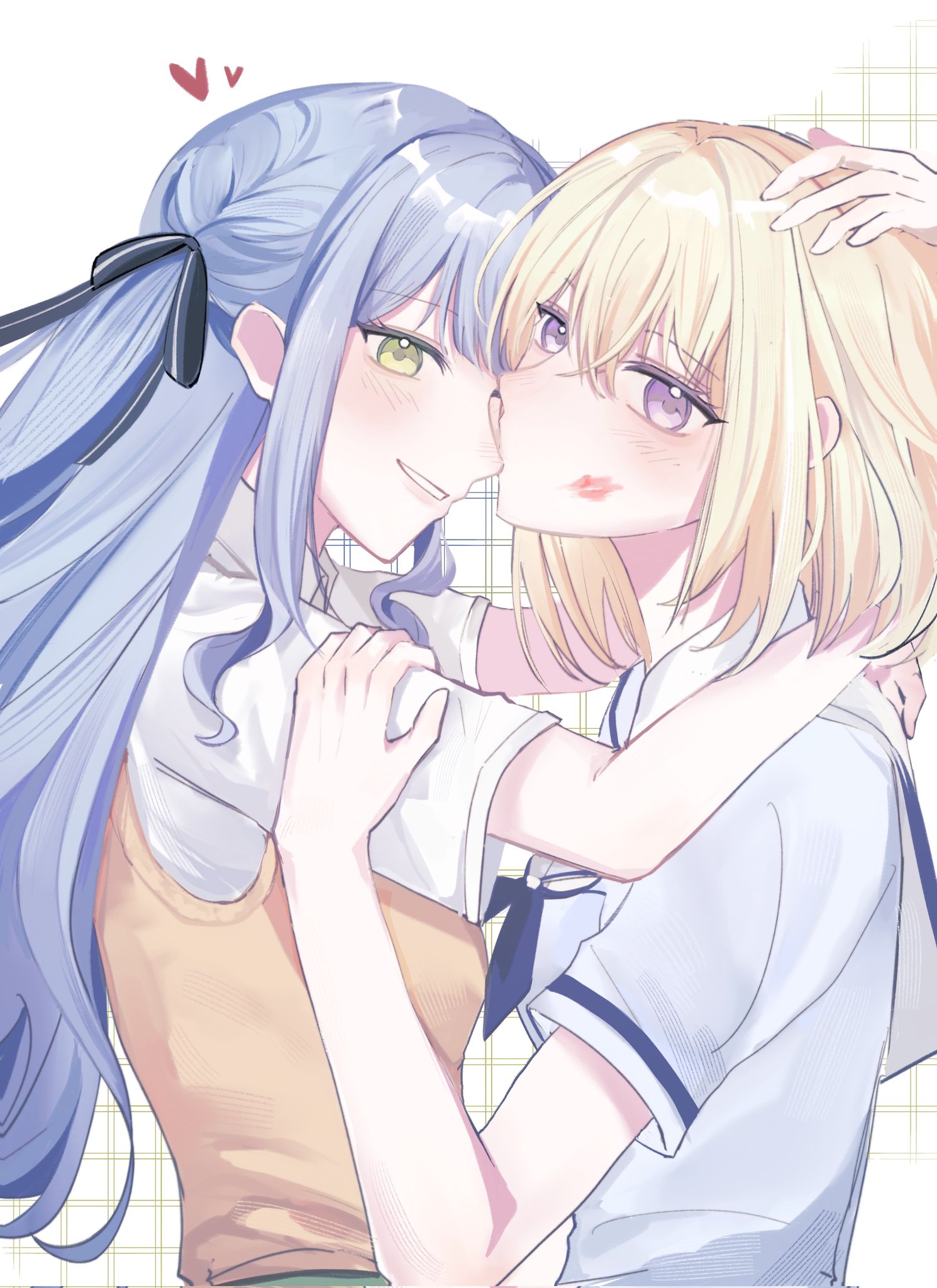 misumi uika, togawa sakiko, bang dream!, bang dream! it's mygo!!!!!, commentary request, highres, 2girls, arms around neck, black ribbon, blonde hair, blue hair, blue shirt, blush, hair ribbon, hanasakigawa school uniform, hand on another's arm, haneoka school uniform, heart, lipstick mark, lipstick mark on face, long hair, looking at viewer, medium hair, multiple girls, parted lips, purple eyes, ribbon, sailor collar, school uniform, shirt, smile, sweater vest, two side up, upper body, white background, white sailor collar, white shirt, yellow eyes, yellow sweater vest, yuri, zikforhh