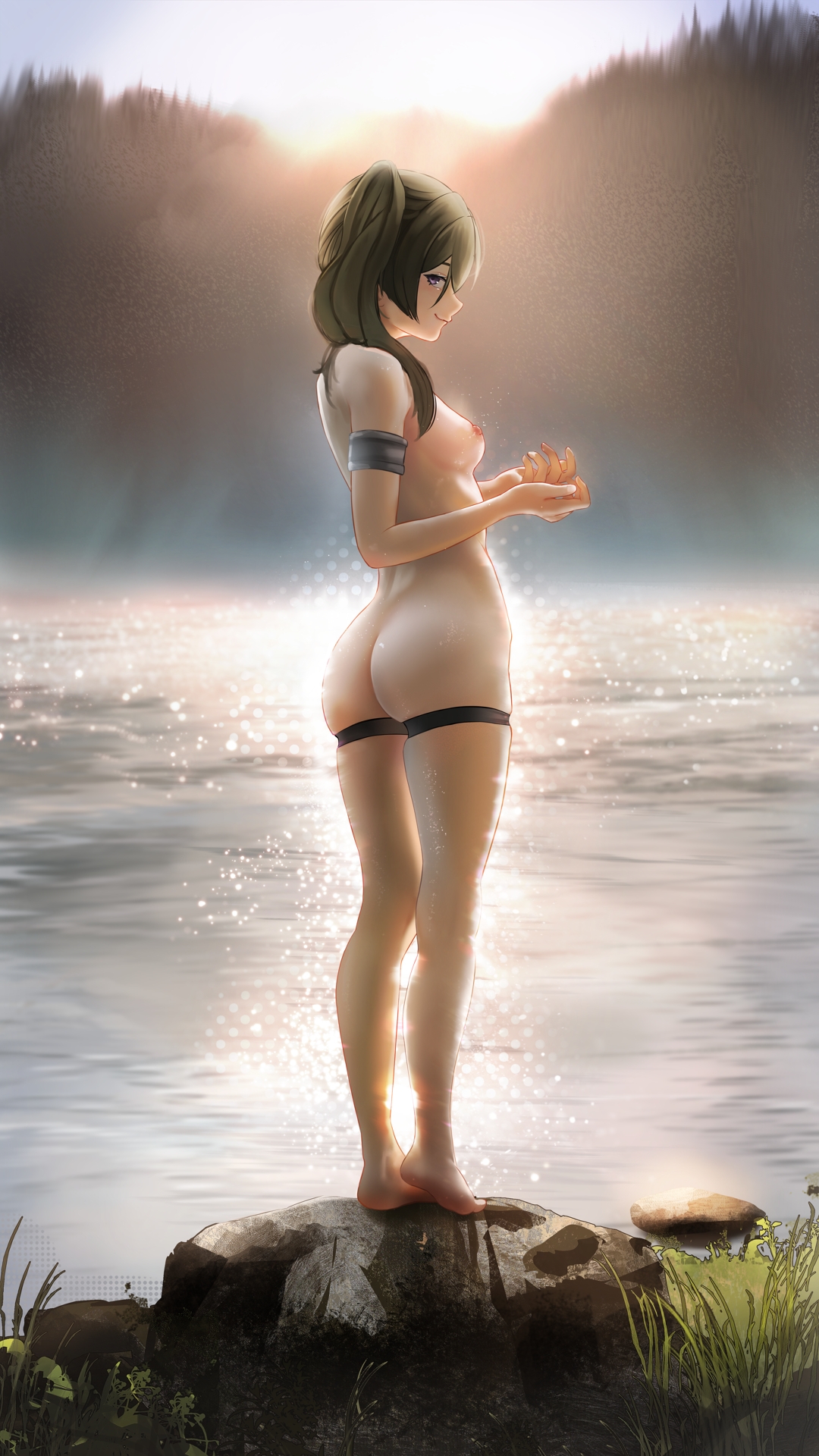 rancidronin, ubel (sousou no frieren), sousou no frieren, highres, 1girl, ass, barefoot, breasts, closed mouth, from behind, full body, green hair, long hair, nipples, nude, outdoors, purple eyes, rock, side ponytail, skindentation, small breasts, solo, standing, thigh strap, water