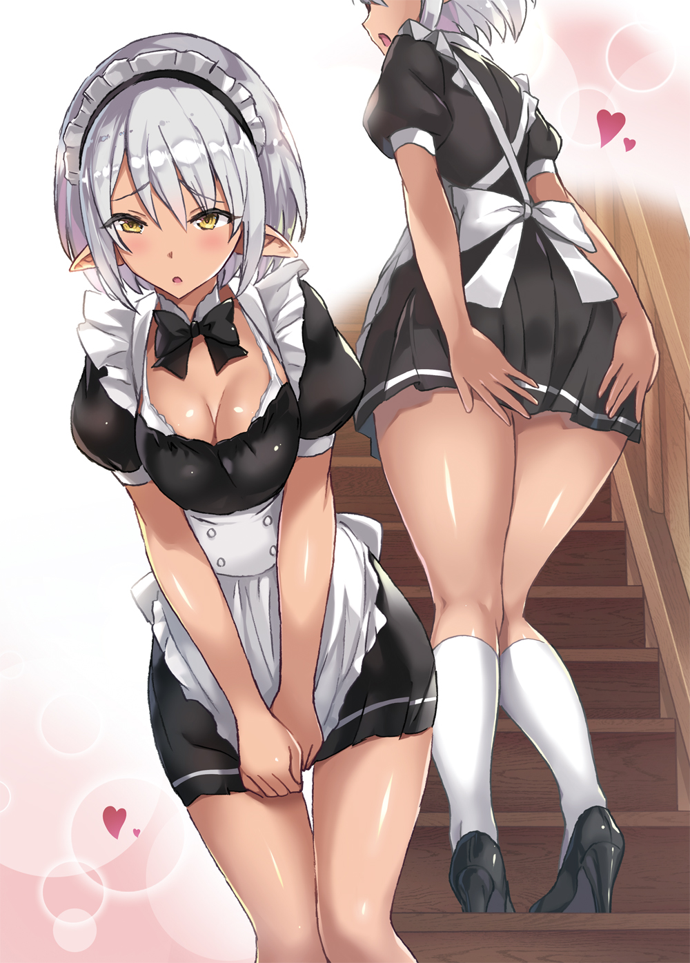 mutsumi masato, kuro no senki, commentary request, highres, novel illustration, official art, second-party source, 1girl, apron, black bow, black bowtie, black dress, black shoes, bow, bowtie, breasts, cleavage, cowboy shot, dark-skinned female, dark skin, dress, full body, gradient background, grey hair, heart, high heels, kneehighs, layla (kuro no senki), maid, maid headdress, multiple views, open mouth, pink background, pointy ears, shoes, skirt, skirt tug, socks, stairs, waist apron, white socks, yellow eyes