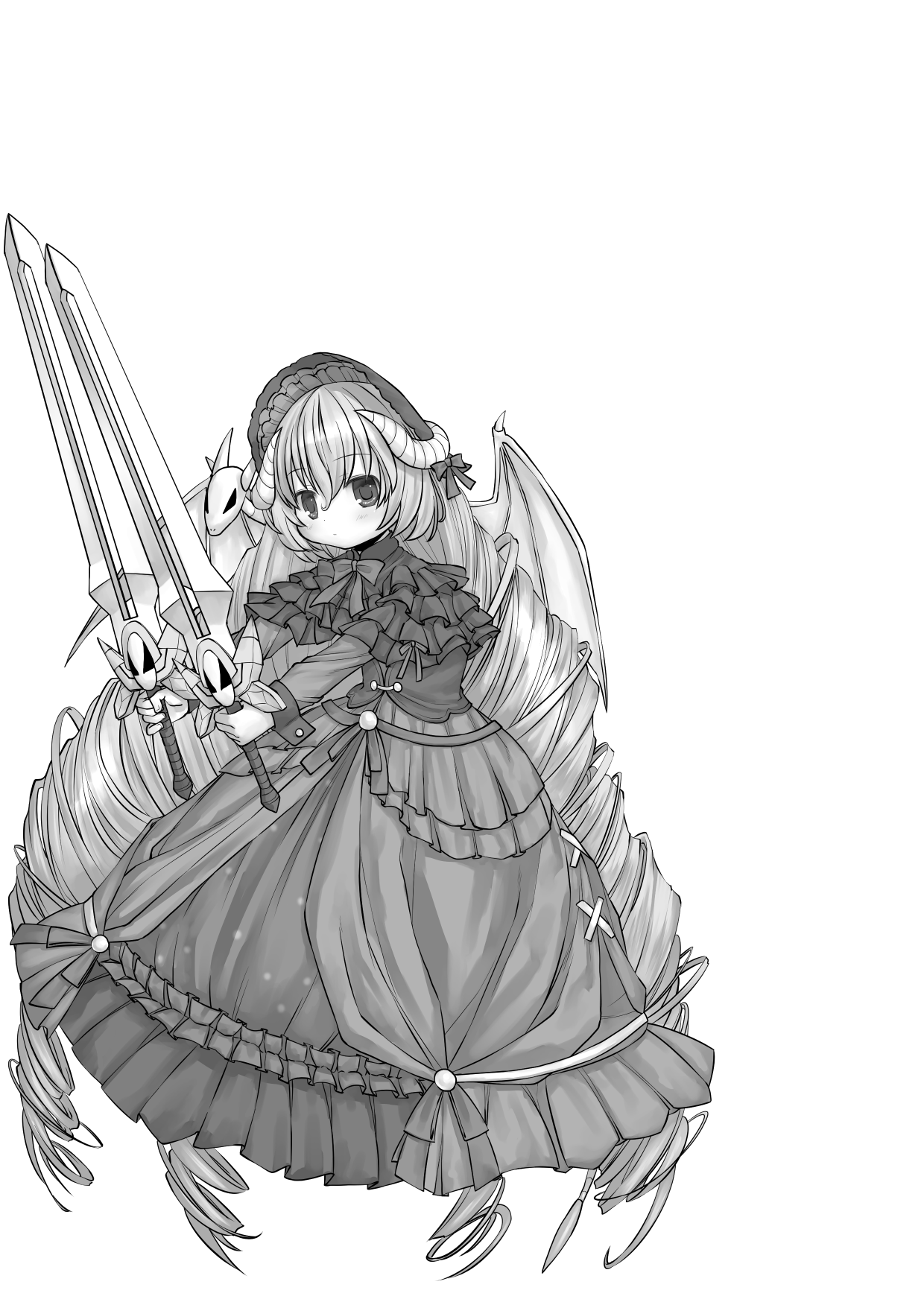 kasuga yukihito, lucifero lore, emil chronicle online, highres, 1girl, bonnet, capelet, corset, demon girl, demon horns, demon wings, dress, drill hair, dual wielding, frilled capelet, frilled dress, frills, hat, hat ribbon, holding, holding sword, holding weapon, horns, long hair, monochrome, ribbon, solo, sword, twin drills, weapon, wings