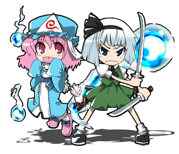gengorou, konpaku youmu, konpaku youmu (ghost), saigyouji yuyuko, touhou, silver hair, 2girls, :p, angry, blue hair, chibi, dual wielding, female focus, floating, hairband, hat, hitodama, holding, katana, multiple girls, pink eyes, pink hair, short hair, sword, tanto, tongue, tongue out, weapon