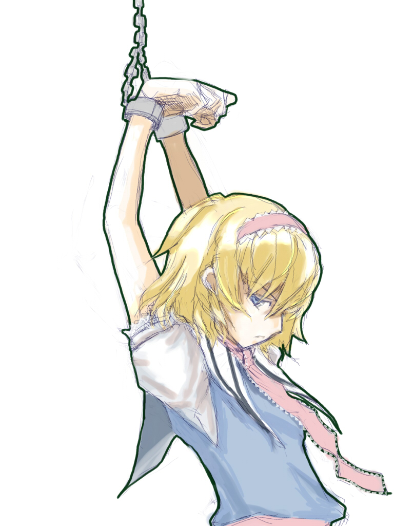 kuro neko neero, kuronuko neero, alice margatroid, touhou, 1girl, bdsm, bondage, bound, chain, female focus, sketch, solo