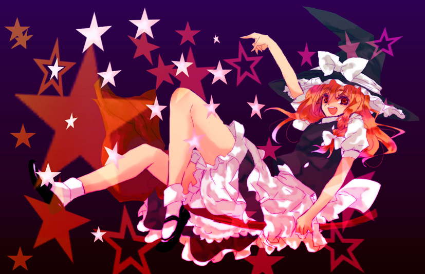 yukirar, kirisame marisa, touhou, bad id, bad pixiv id, 1girl, bloomers, broom, female focus, full body, gradient background, hat, skirt, solo, star (symbol), underwear, white bloomers, witch, witch hat