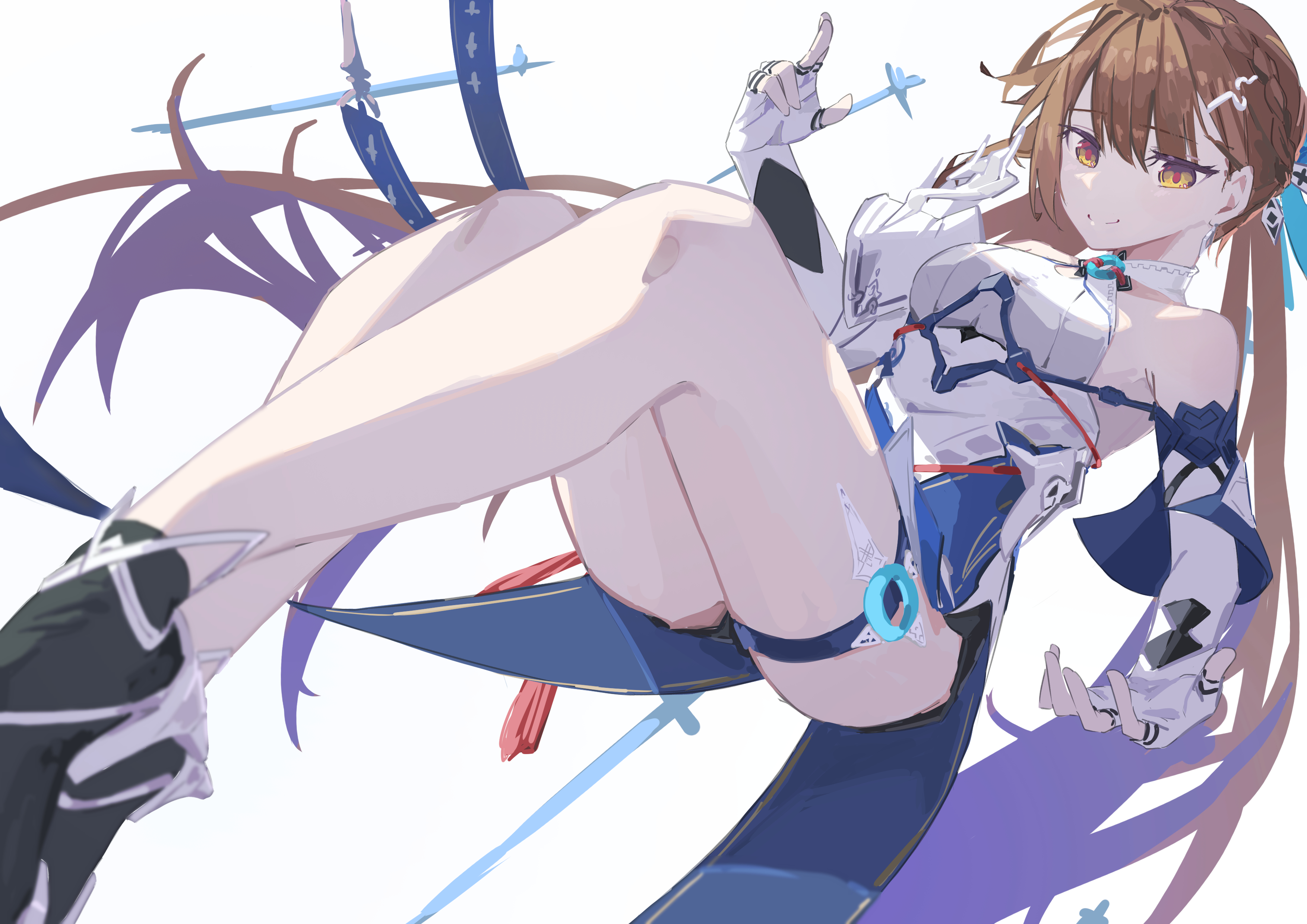 lupinu5, li sushang, li sushang (jade knight), honkai (series), honkai impact 3rd, absurdres, chinese commentary, commentary request, highres, 1girl, arm up, bare shoulders, breasts, brown eyes, brown hair, china dress, chinese clothes, closed mouth, dress, elbow gloves, fingerless gloves, floating, floating object, floating sword, floating weapon, full body, gloves, hair ornament, long hair, looking at viewer, medium breasts, outstretched arm, red pupils, smile, solo, sword, thighs, weapon, white background, white dress, white gloves