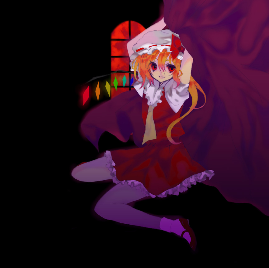 yukirar, flandre scarlet, touhou, bad id, bad pixiv id, 1girl, blonde hair, blouse, curtains, female focus, full body, hair between eyes, hat, indoors, mob cap, red eyes, red shoes, shirt, shoes, short hair, sitting, socks, solo, white hat, white shirt, white socks, wings