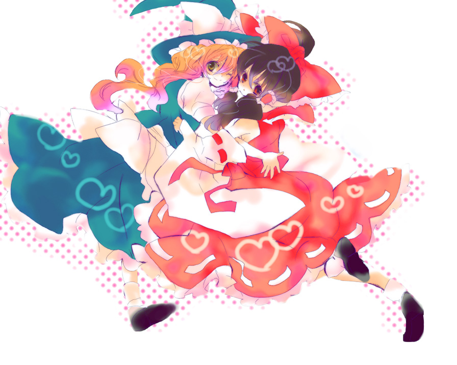 yukirar, hakurei reimu, kirisame marisa, touhou, bad id, bad pixiv id, 2girls, :d, apron, blonde hair, bow, brown eyes, brown hair, female focus, hair bow, hug, long hair, looking at viewer, multiple girls, open mouth, red bow, ribbon-trimmed sleeves, ribbon trim, simple background, smile, very long hair, waist apron, white background