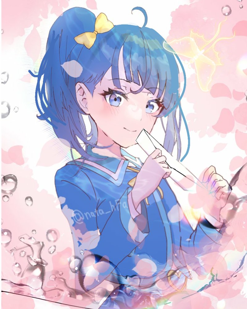 natadekoko (nata hfa), sora harewataru, hirogaru sky! precure, precure, 1girl, belt, blue belt, blue eyes, blue hair, blue jacket, blue sailor collar, blue skirt, bow, bowtie, buckle, closed mouth, cut bangs, envelope, hair bow, heart, heart-shaped buckle, holding, holding envelope, jacket, long sleeves, looking at viewer, medium hair, sailor collar, school uniform, side ponytail, single sidelock, skirt, smile, solo, sorashido academy school uniform, twitter username, upper body, water drop, yellow bow, yellow bowtie