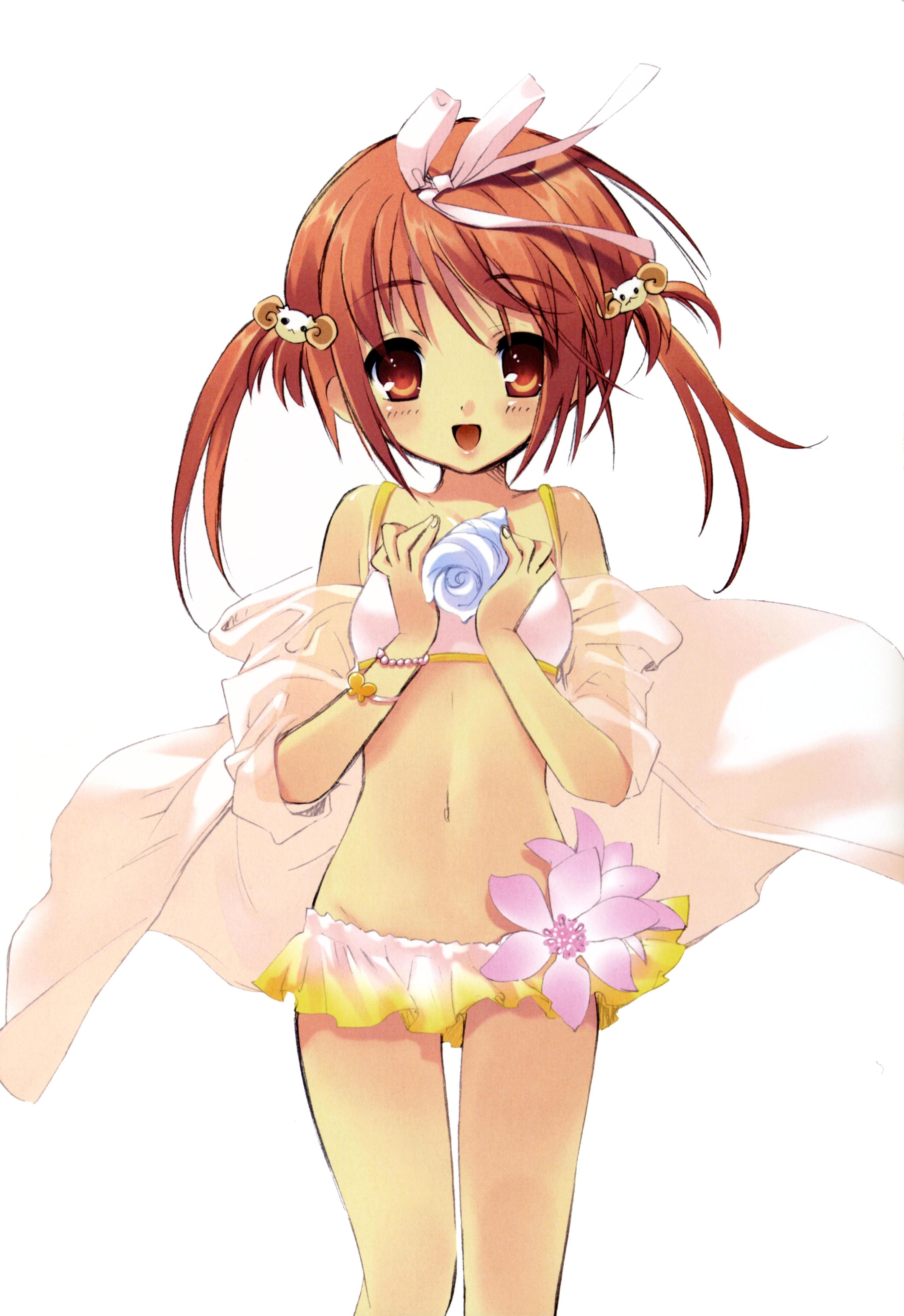 ito noizi, akihime sumomo, yuki-chan, nanatsuiro drops, absurdres, highres, 00s, 1girl, bikini, bracelet, female focus, flower, hair ornament, hair ribbon, jewelry, navel, orange hair, red eyes, ribbon, see-through clothes, short hair, simple background, solo, swimsuit, twintails, white bikini