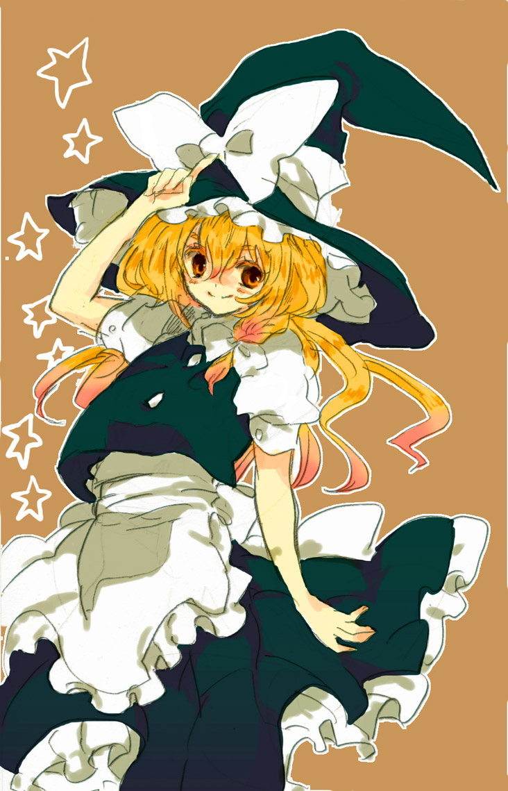 yukirar, kirisame marisa, touhou, eyebrows, bad id, bad pixiv id, 1girl, apron, arm at side, black hat, black skirt, black vest, blonde hair, blush, bow, braid, brown background, closed mouth, female focus, frilled apron, frills, hair between eyes, hair bow, hat, hat bow, hat ribbon, long hair, looking at viewer, orange eyes, pointing, pointing up, ribbon, shirt, short sleeves, simple background, sketch, skirt, smile, solo, vest, waist apron, white apron, white bow, white ribbon, white shirt, witch hat