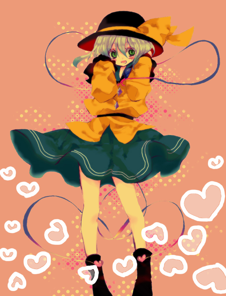 yukirar, komeiji koishi, touhou, bad id, bad pixiv id, 1girl, female focus, halftone, halftone background, hat, heart, ribbon, skirt, solo