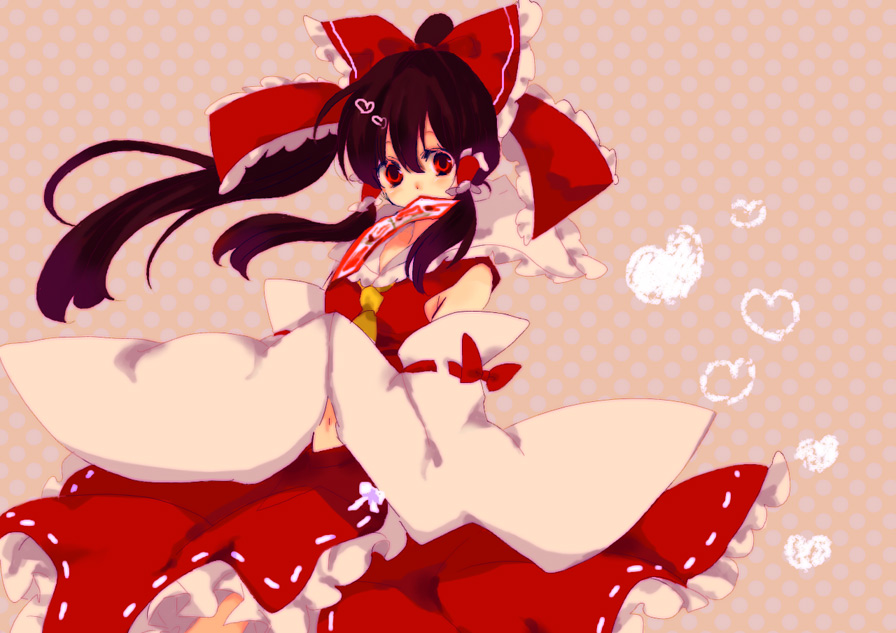 yukirar, hakurei reimu, touhou, bad id, bad pixiv id, 1girl, detached sleeves, female focus, japanese clothes, miko, navel, ofuda, ribbon, skirt, solo