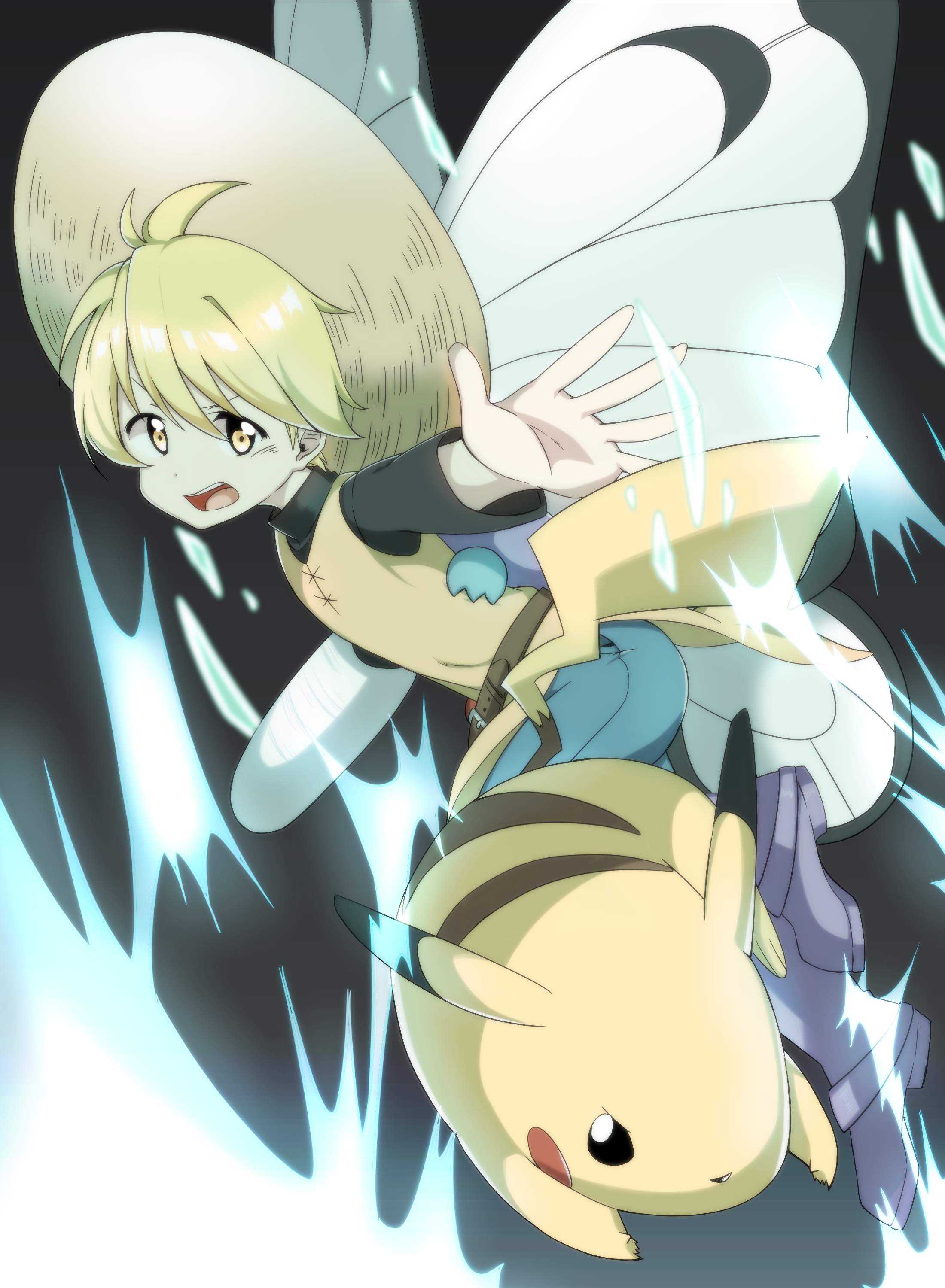 shigure (sigre), butterfree, pikachu, yellow (pokemon), nintendo, pokemon, pokemon adventures, absurdres, highres, 1girl, 2others, animal ears, black shirt, blonde hair, blue pants, butterfly wings, gen 1 pokemon, hat, insect wings, looking at viewer, mouse ears, mouse tail, multiple others, open mouth, pants, shirt, short hair, smile, solo, sun hat, tail, wings, yellow eyes, yellow fur