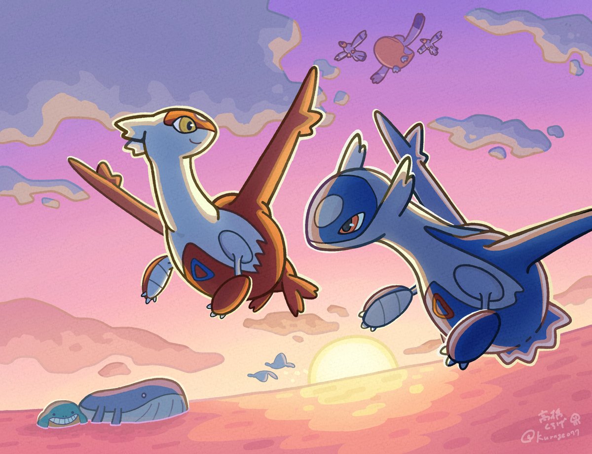 takahashi kurage (kurage077), latias, latios, mantine, pelipper, wailmer, wailord, wingull, nintendo, pokemon, bird, claws, closed mouth, cloud, dragon, flying, gen 2 pokemon, gen 3 pokemon, legendary pokemon, no humans, ocean, open mouth, outdoors, pelican, pink sky, pokemon (creature), pokemon focus, red eyes, seagull, sky, smile, sunset, teeth, water, whale, wings, yellow eyes