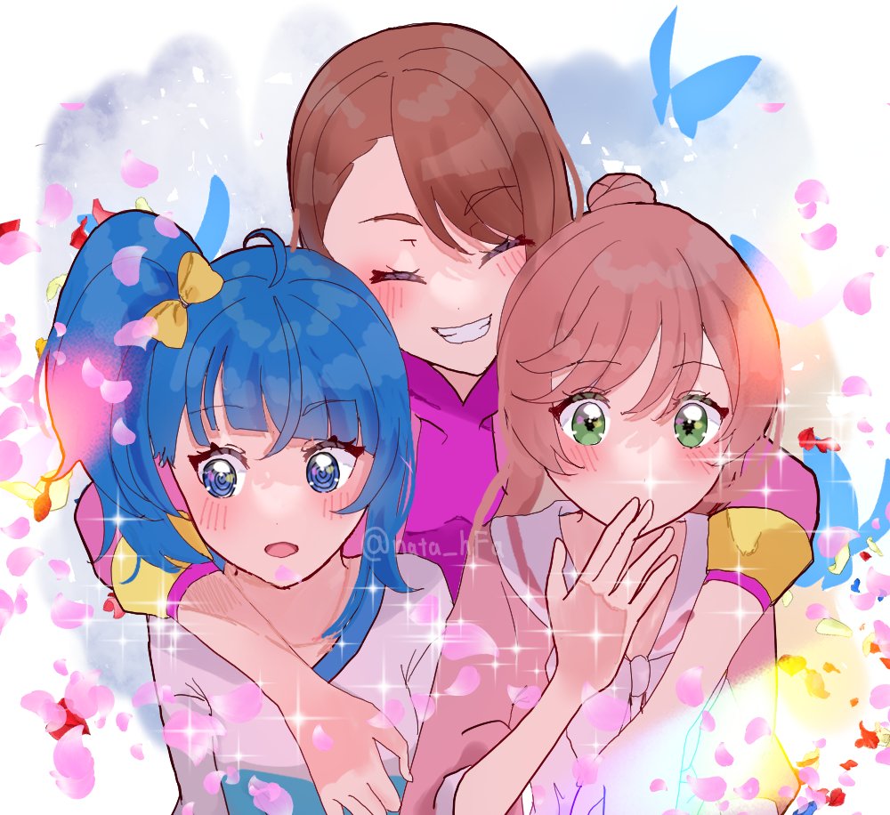 natadekoko (nata hfa), hijiri ageha, nijigaoka mashiro, sora harewataru, hirogaru sky! precure, precure, commentary, 3girls, asymmetrical bangs, blue eyes, blue hair, blue shirt, blush, bow, bowtie, brown hair, bug, butterfly, casual, cherry blossoms, closed eyes, cut bangs, dress, green eyes, grin, group hug, hair bow, hair bun, hand to own mouth, hood, hood down, hoodie, hug, hug from behind, insect, jacket, long hair, long sleeves, medium hair, multiple girls, open clothes, open jacket, open mouth, pink dress, pink hair, pink hoodie, pink jacket, shirt, side ponytail, single hair bun, single sidelock, smile, sparkle, t-shirt, twitter username, two-tone dress, two-tone shirt, white bow, white bowtie, white dress, white shirt, yellow bow