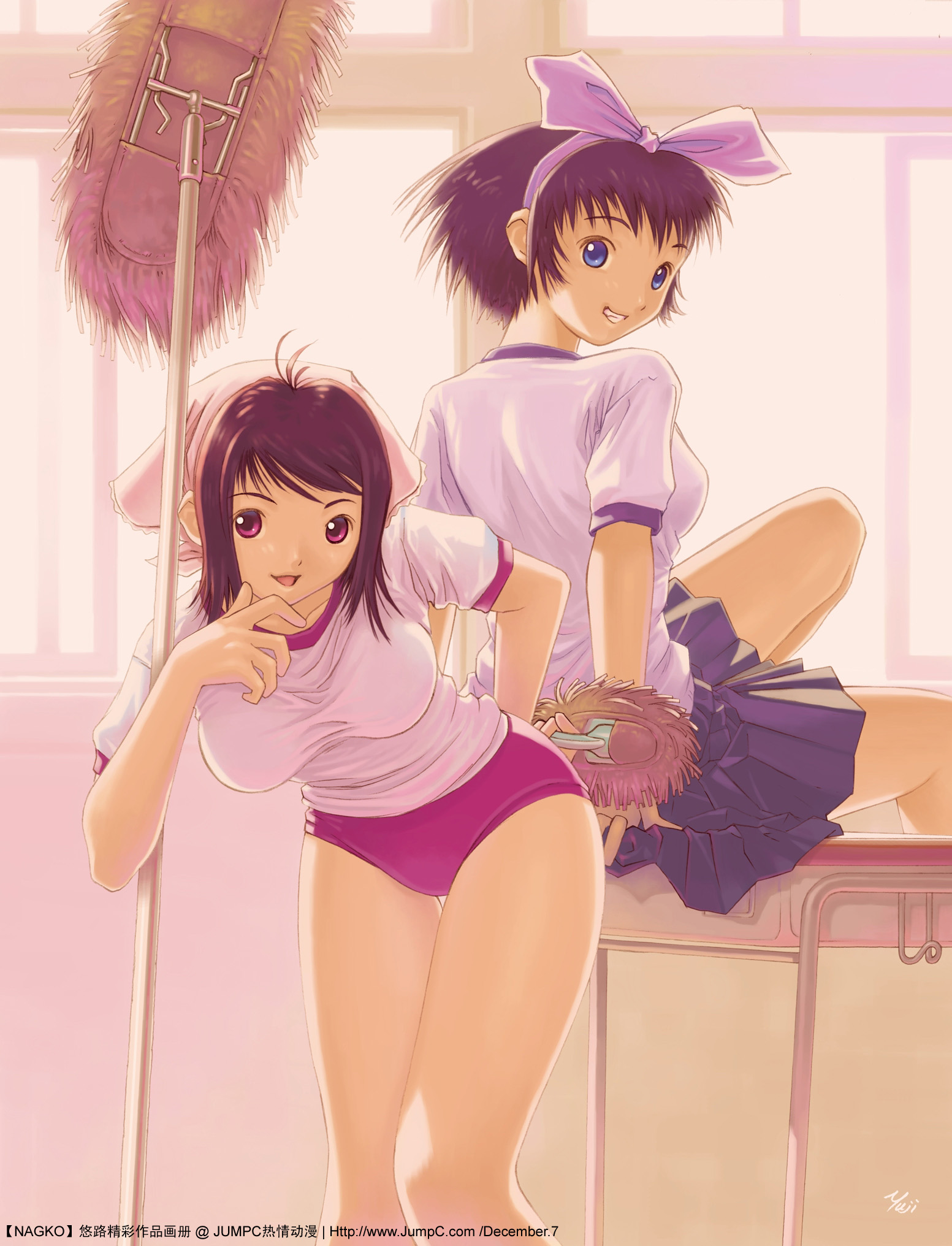 kobayashi yuji, highres, 2girls, bent over, blue eyes, bow, brown hair, buruma, classroom, gym uniform, headscarf, leaning forward, mop, multiple girls, pink eyes, school, short hair, skirt, sunset