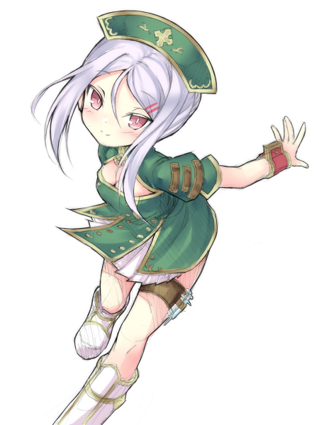 maou mikage, emil chronicle online, 1girl, boots, breasts, cleavage, cleavage cutout, clothing cutout, ghost alma, green hat, green shirt, hair ornament, hairclip, hat, large breasts, looking at viewer, nurse cap, pleated skirt, red eyes, red wrist cuffs, shirt, skirt, solo, syringe holster, white background, white boots, white hair, white skirt, wrist cuffs