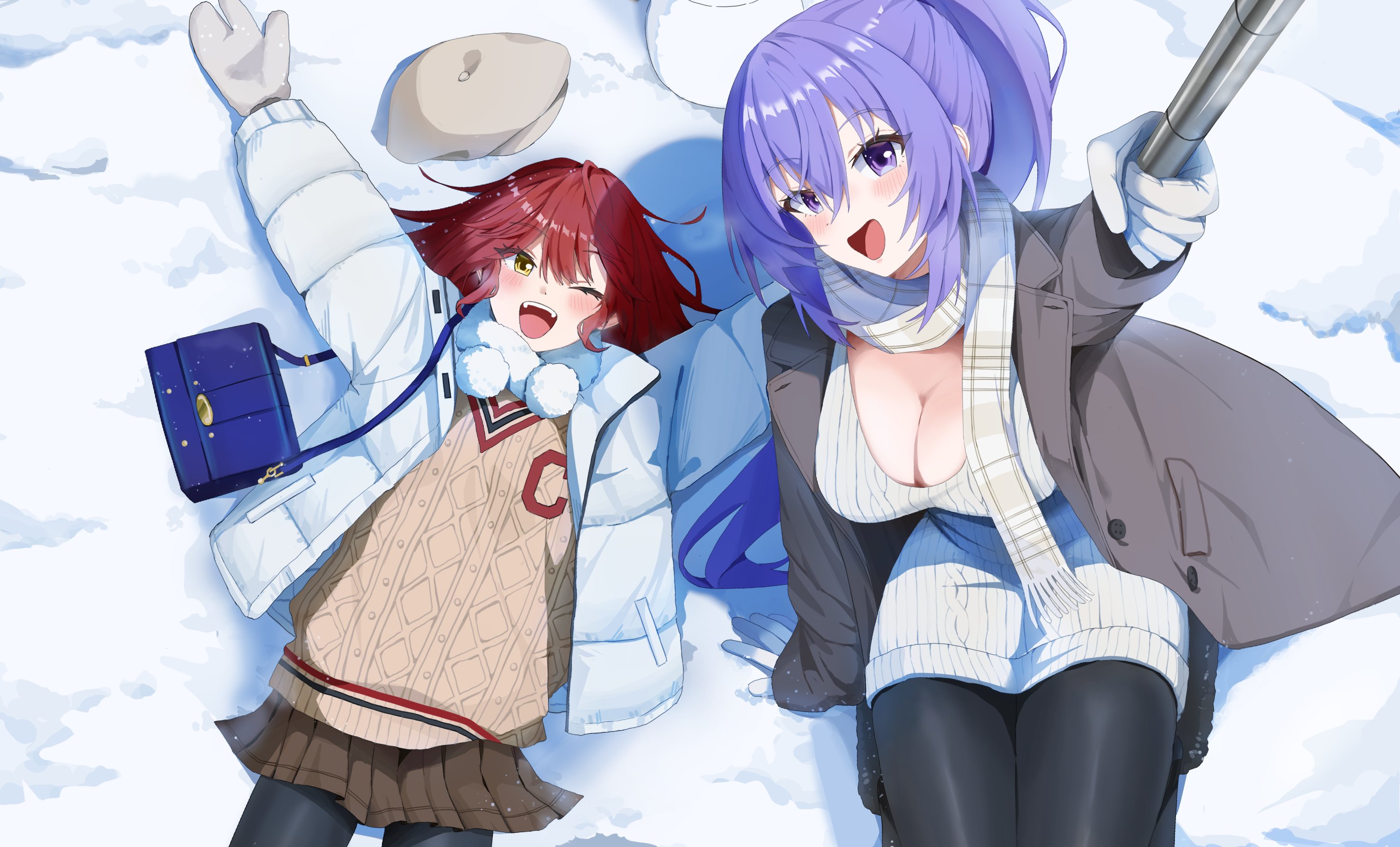 original, commentary, english commentary, highres, 2girls, ;d, aoba nene, aran sweater, arm support, arm up, arms up, bag, black pantyhose, blush, breasts, brown skirt, brown sweater, cable knit, cleavage, coat, day, dress, gloves, grey coat, grey mittens, hair between eyes, happy, hat, holding, holding stick, large breasts, long bangs, long hair, long sleeves, miniskirt, mittens, multiple girls, on ground, one eye closed, open clothes, open coat, open mouth, outdoors, outstretched arms, pantyhose, plaid clothes, plaid scarf, pleated skirt, purple eyes, purple hair, red hair, scarf, selfie stick, shadow, shoulder bag, sitting, skirt, smile, snow, spread arms, stick, sweater, sweater dress, unbuttoned, unworn hat, unworn headwear, very long hair, white coat, white gloves, white scarf, white sweater, winter clothes, winter coat, yellow eyes