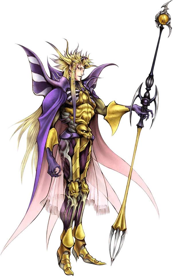 nomura tetsuya, emperor (ff2), emperor mateus, dissidia final fantasy, final fantasy, final fantasy ii, square enix, 1980s (style), official art, 1boy, blonde hair, cape, horns, oldschool, staff