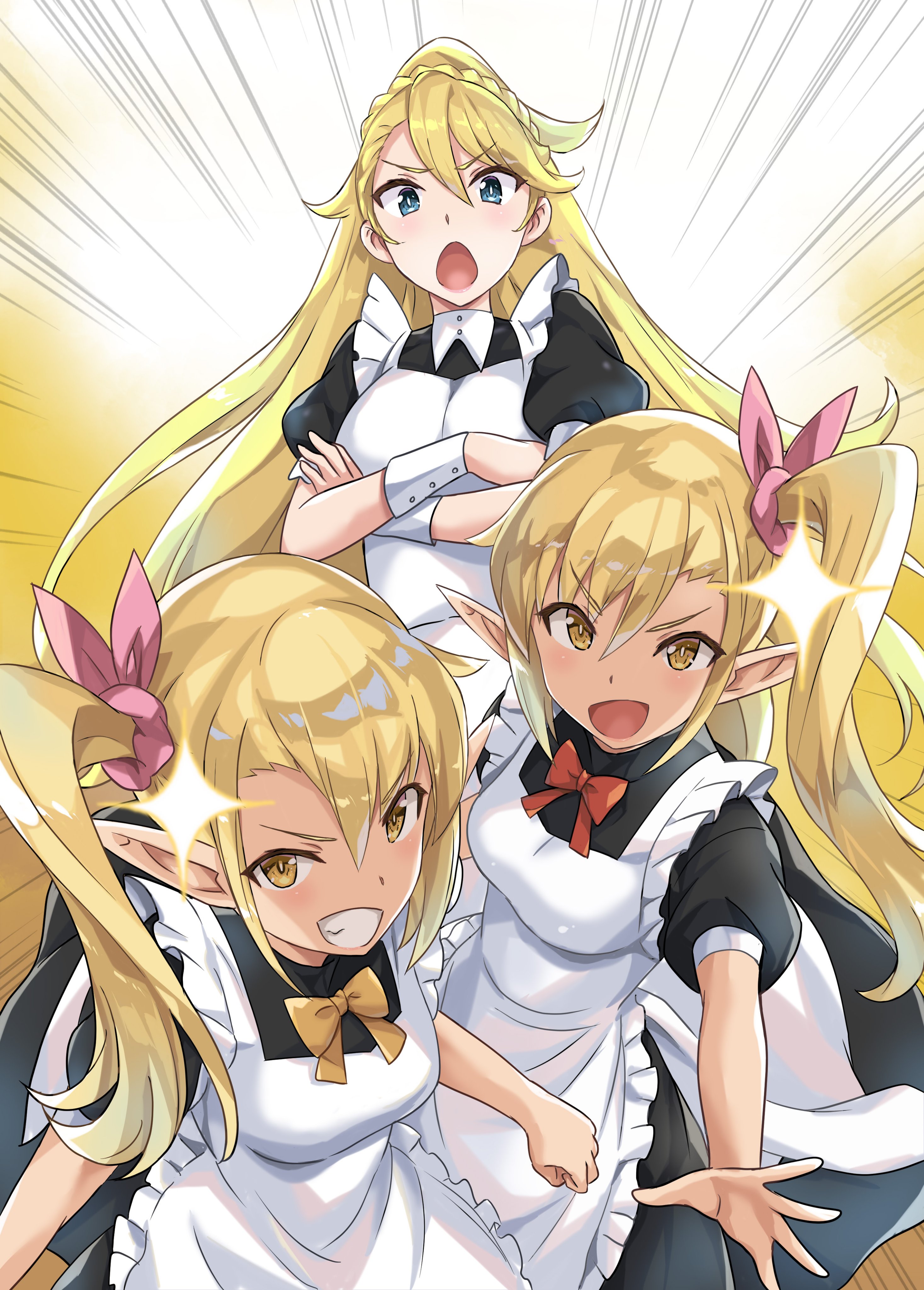 mutsumi masato, kuro no senki, absurdres, character request, commentary request, highres, novel illustration, official art, second-party source, 3girls, :d, apron, arided (kuro no senki), black dress, blonde hair, blue eyes, bow, bowtie, breasts, crossed arms, deneb (kuro no senki), dress, emphasis lines, glint, grin, hair between eyes, long hair, looking at viewer, maid, maid apron, multiple girls, open mouth, pointy ears, red bow, red bowtie, short sleeves, siblings, side ponytail, sisters, smile, twins, white apron, yellow bow, yellow bowtie, yellow eyes