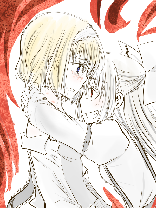 you at pome, alice margatroid, fujiwara no mokou, touhou, silver hair, bad id, bad pixiv id, 2girls, arms around neck, blonde hair, blue eyes, blush, clenched teeth, eye contact, female focus, hair ribbon, hairband, hug, long hair, looking at another, multiple girls, off shoulder, open mouth, red eyes, ribbon, short hair, shy, smile, teeth, yuri