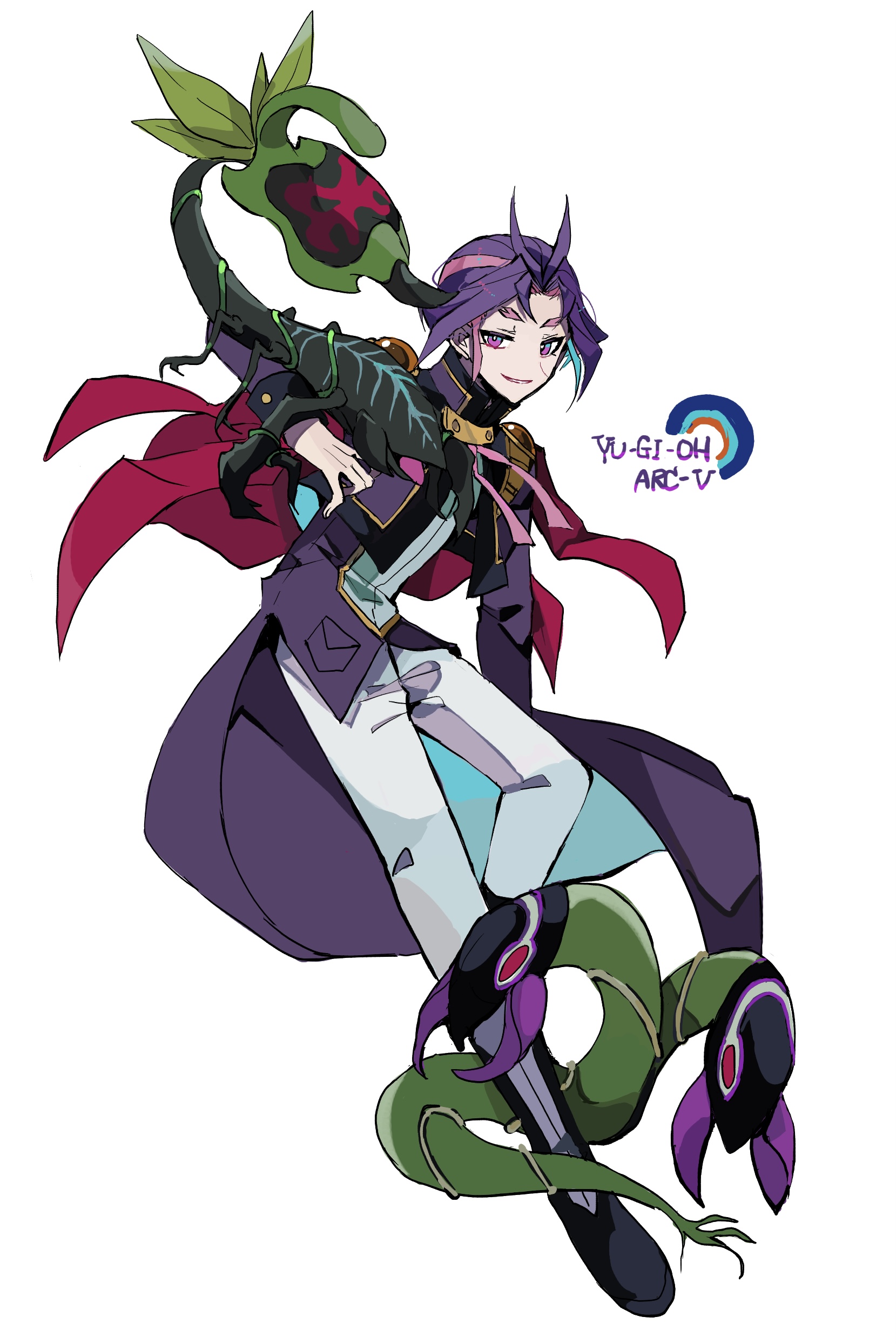 teketeke (tasutekete), joeri (yu-gi-oh!), yu-gi-oh!, yu-gi-oh! arc-v, absurdres, character request, highres, 1boy, coat, copyright name, duel monster, group picture, male focus, purple coat, purple eyes, purple hair, scorpion tail, short hair, simple background, tail, white background