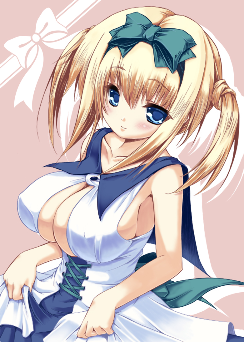 2-g, popi (pixiv), vi (ena0930), original, bad id, bad pixiv id, colorized, jpeg artifacts, 1girl, blonde hair, blue eyes, blush, bow, breasts, cleavage, covered erect nipples, dress, female focus, hair bow, large breasts, smile, solo, twintails