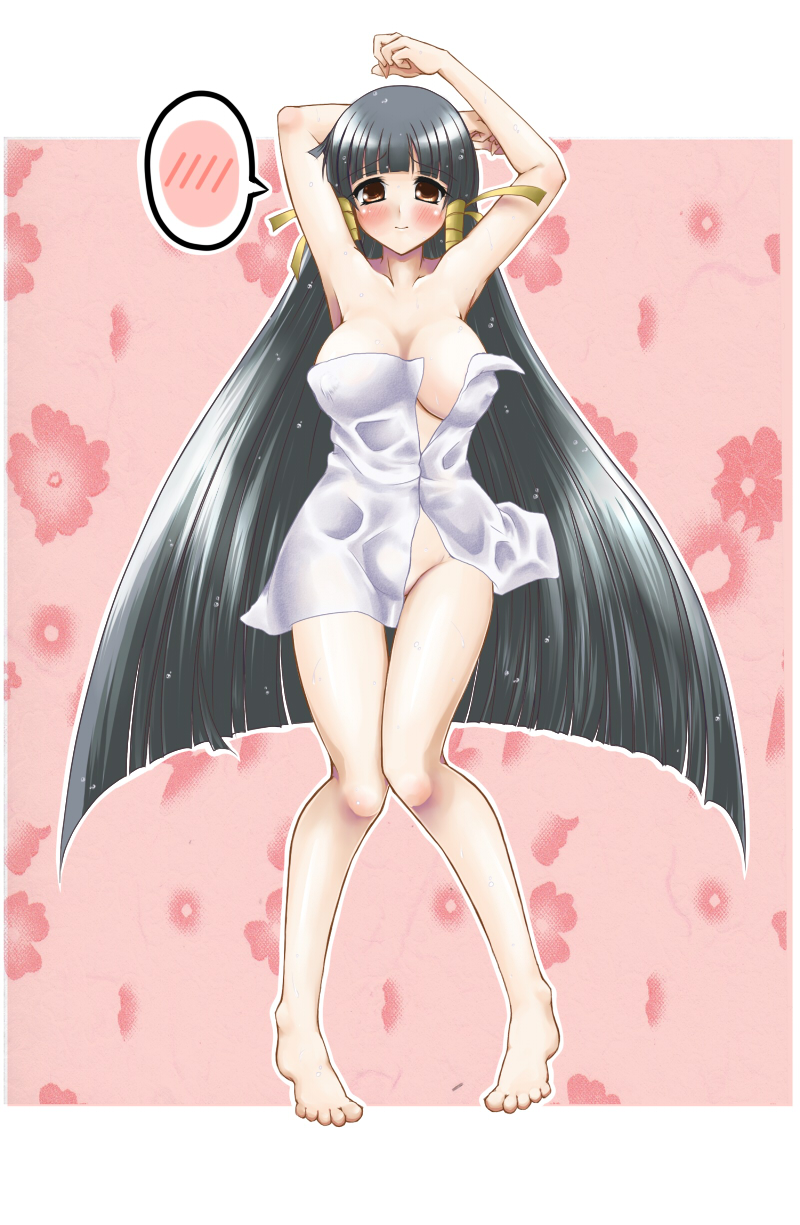 paopao, kasuga maori, aq interactive, arcana heart, atlus, examu, bad id, bad pixiv id, highres, 1girl, armpits, arms up, bad anatomy, bad feet, barefoot, black hair, blush, brown eyes, feet, female focus, legs, long hair, naked towel, poorly drawn, solo, spoken blush, towel, very long hair