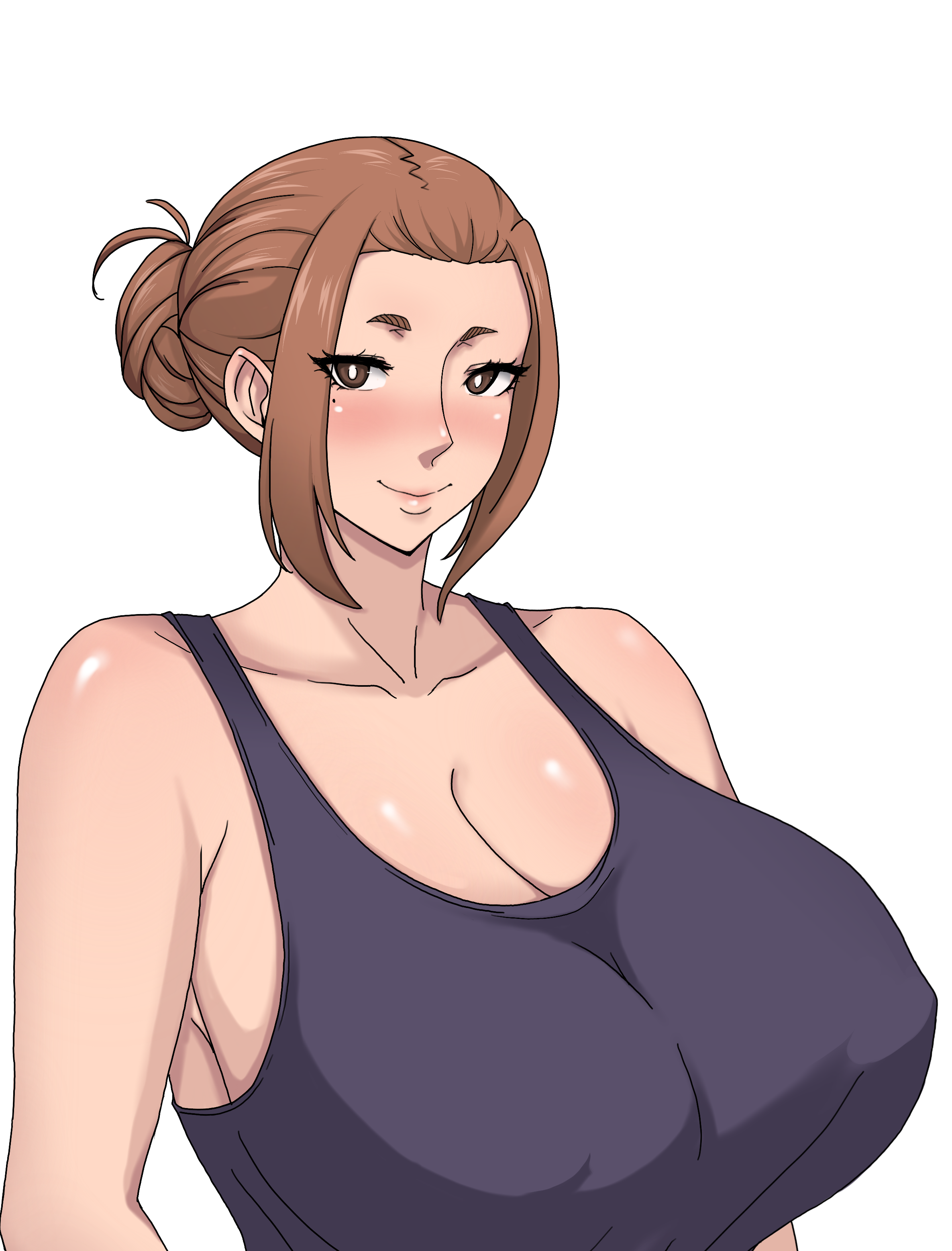 zettonsfw, ogawa sumireko, kaii to otome to kamikakushi, absurdres, highres, 1girl, blush, breasts, brown eyes, brown hair, cleavage, covered erect nipples, female focus, huge breasts, looking at viewer, matching hair/eyes, mole, mole under eye, short eyebrows, short hair, solo, upper body