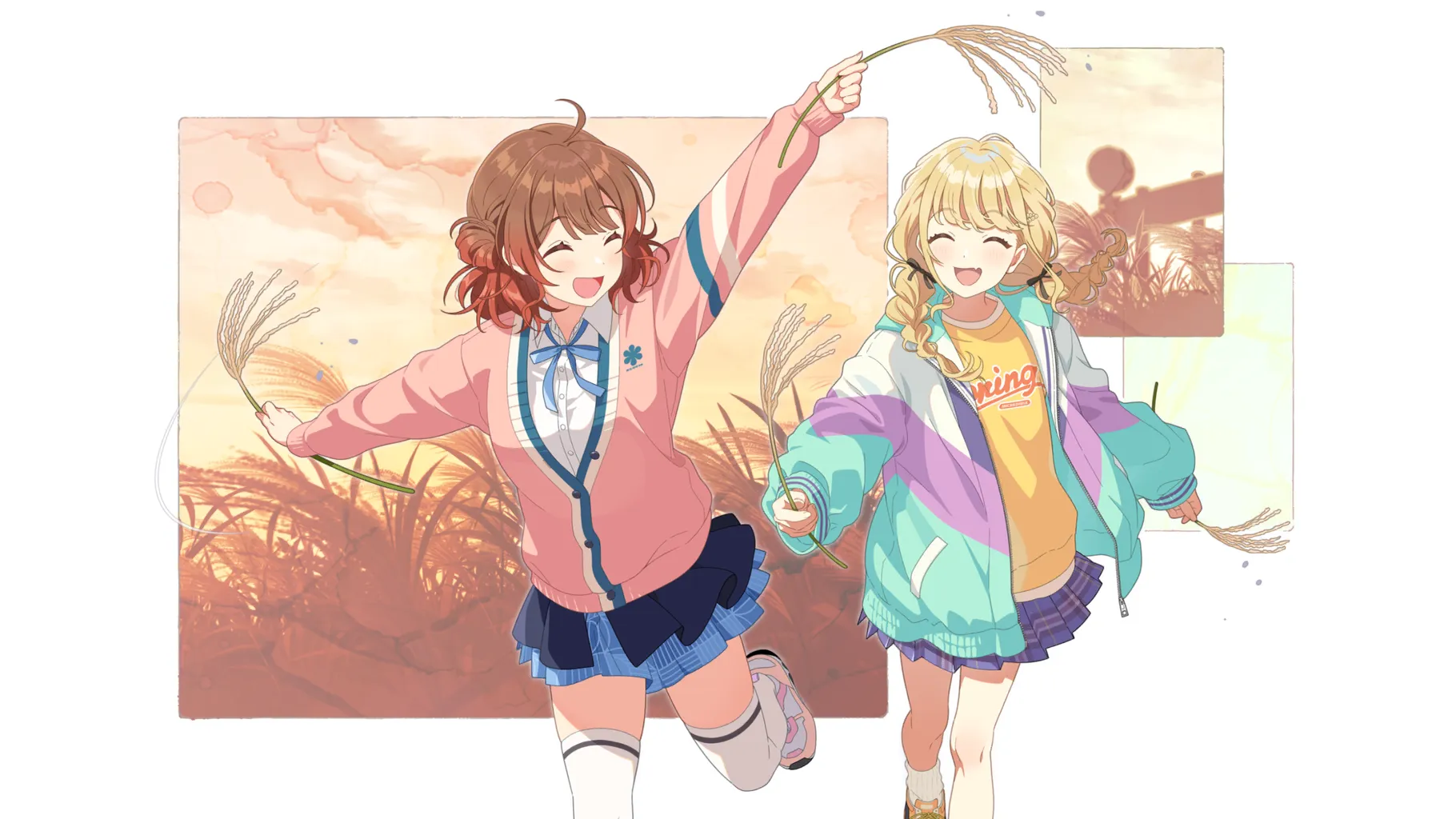 fujita kotone, hanami ume, gakuen idolmaster, idolmaster, game cg, official art, 2girls, blonde hair, brown hair, cardigan, closed eyes, collared shirt, english text, fang, hair ribbon, holding, jacket, layered skirt, low twin braids, multicolored hair, multiple girls, neck ribbon, one leg raised, open mouth, pink cardigan, plant, red hair, ribbon, shirt, skin fang, skirt, thighhighs, twin braids, white thighhighs, yellow shirt