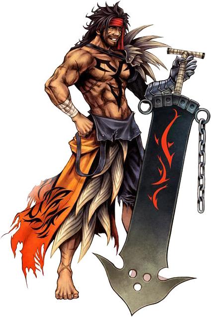 jecht, dissidia final fantasy, final fantasy, final fantasy x, square enix, 00s, 1boy, barefoot, beard, brown hair, facial hair, full body, hand on own hip, headband, hip focus, male focus, muscular, scar, smile, solo, standing, sword, topless male, torn clothes, weapon
