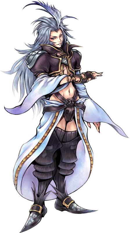 kuja, dissidia final fantasy, final fantasy, final fantasy ix, 00s, 1boy, armor, belt, full body, grey hair, long hair, male focus, navel, simple background, solo, standing, white background