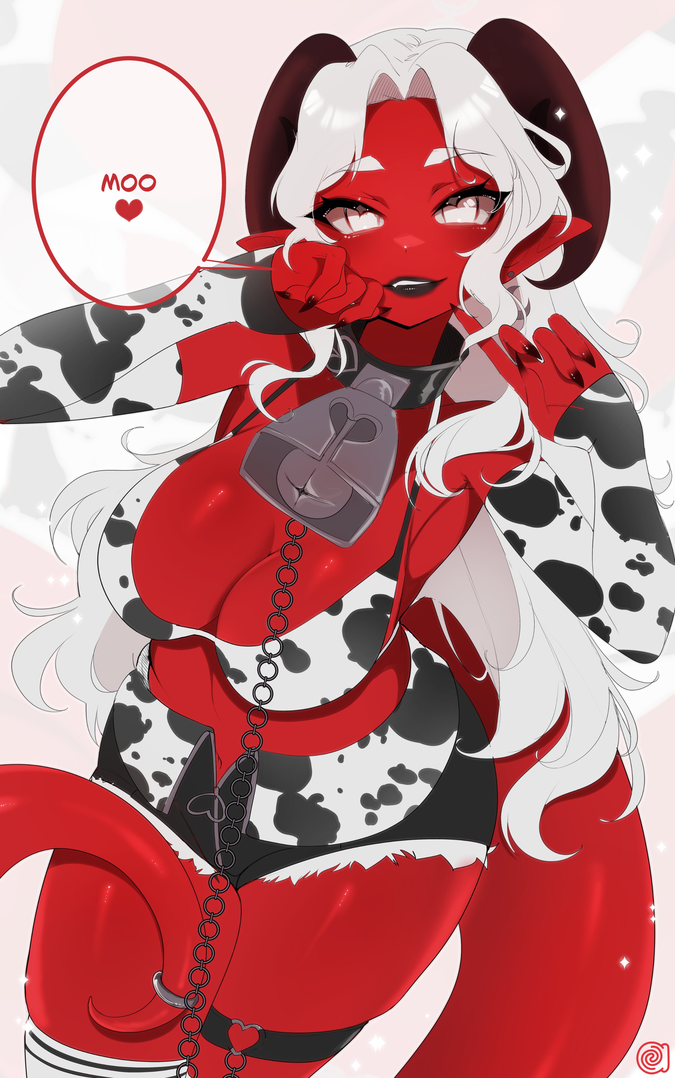 melissa belladonna, indie virtual youtuber, 1girl, animal print, breasts, cleavage, colored skin, cow print, cowbell, horns, red skin, tail, white hair