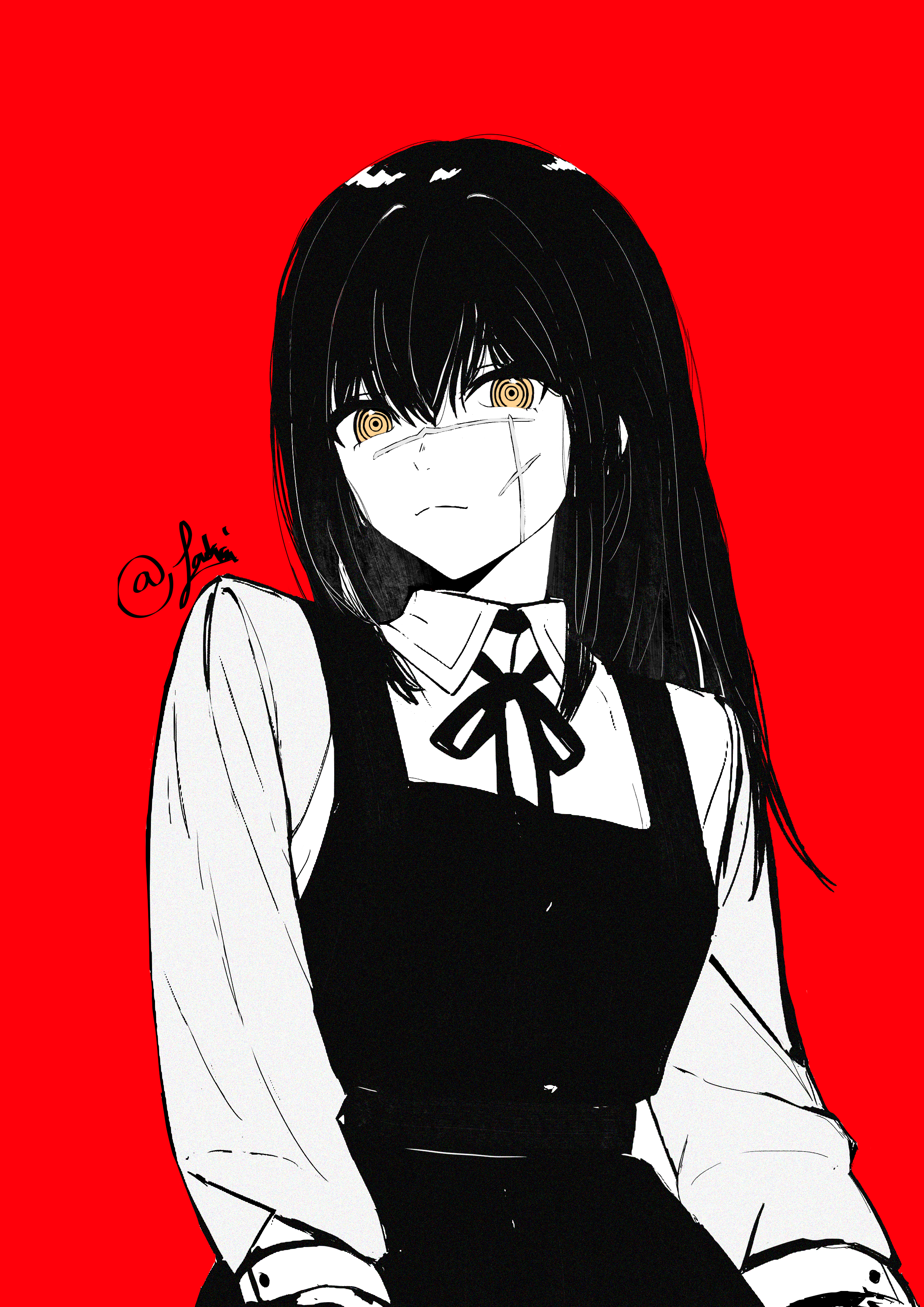 joadv, yoru (chainsaw man), chainsaw man, absurdres, commentary, highres, 1girl, cross scar, dress, dress shirt, greyscale with colored background, long hair, long sleeves, looking at viewer, neck ribbon, pinafore dress, red background, ribbon, ringed eyes, scar, scar on face, school uniform, shirt, simple background, sleeveless, sleeveless dress, solo, spot color, straight hair, twitter username, upper body, yellow eyes