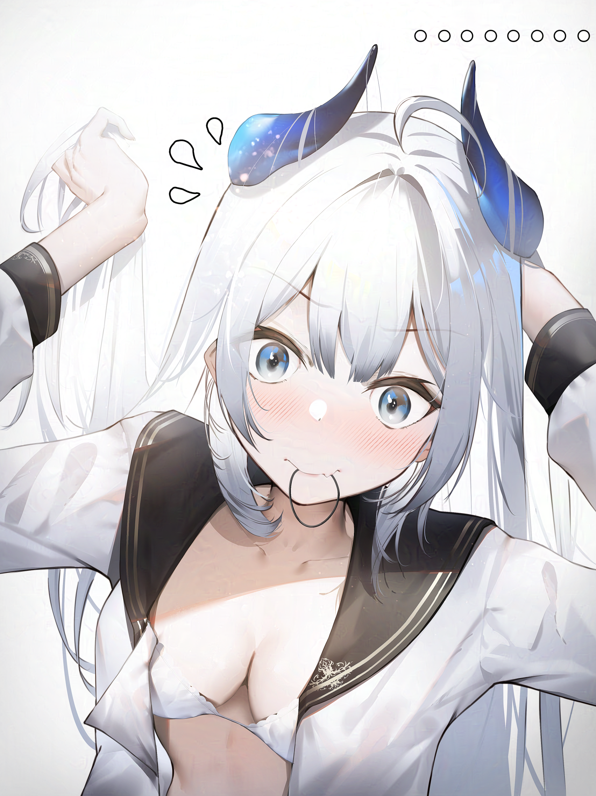 ka11 ca, suffren (azur lane), azur lane, absurdres, commentary, highres, 1girl, ahoge, alternate costume, blue eyes, blue horns, blush, bra, breasts, cleavage, hair tie in mouth, horns, long hair, long sleeves, mouth hold, shirt, simple background, small breasts, solo, tying hair, underwear, upper body, white background, white bra, white hair, white shirt