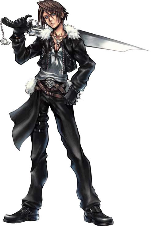 squall leonhart, dissidia final fantasy, final fantasy, final fantasy viii, 1990s (style), 1boy, belt, black gloves, black jacket, black pants, blue eyes, boots, brown hair, full body, fur trim, gloves, gunblade, jacket, jewelry, male focus, necklace, pants, scar, shirt, solo, standing, transparent background, weapon, white background, white shirt