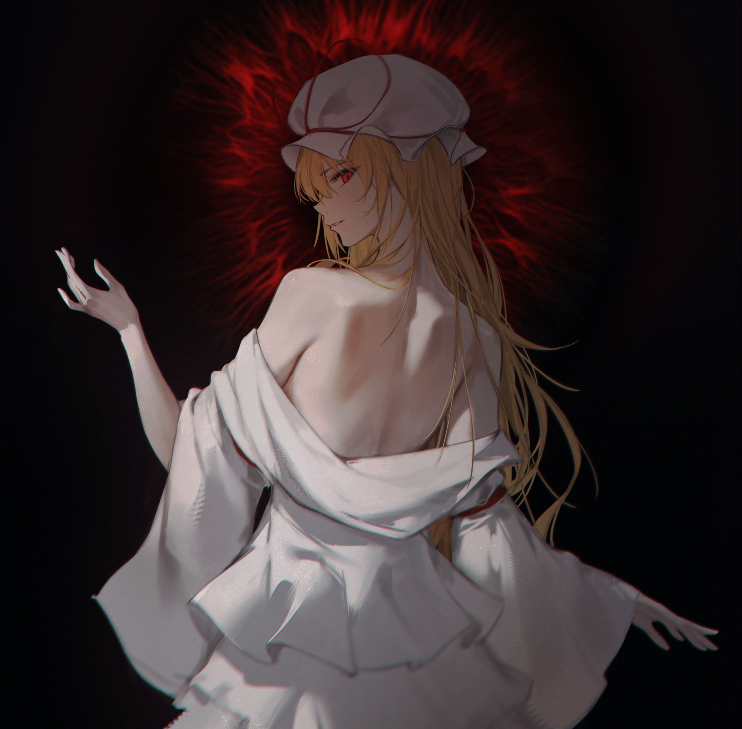 s0gno, yakumo yukari, touhou, commentary, english commentary, highres, 1girl, back, black background, blonde hair, cowboy shot, dress, from behind, halo, hand up, hat, hat ribbon, long hair, long sleeves, looking at viewer, looking back, mob cap, parted lips, red eyes, red halo, ribbon, shoulder blades, smile, solo, white dress, white hat