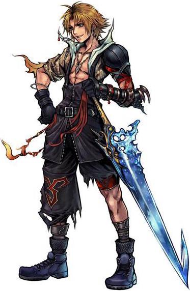 tidus, dissidia final fantasy, final fantasy, final fantasy x, 00s, 1boy, belt, blonde hair, blue eyes, boots, bracelet, full body, gauntlets, gloves, hand on own hip, hip focus, jewelry, male focus, necklace, shirt, simple background, smile, solo, standing, sword, torn clothes, weapon, white background, yellow shirt