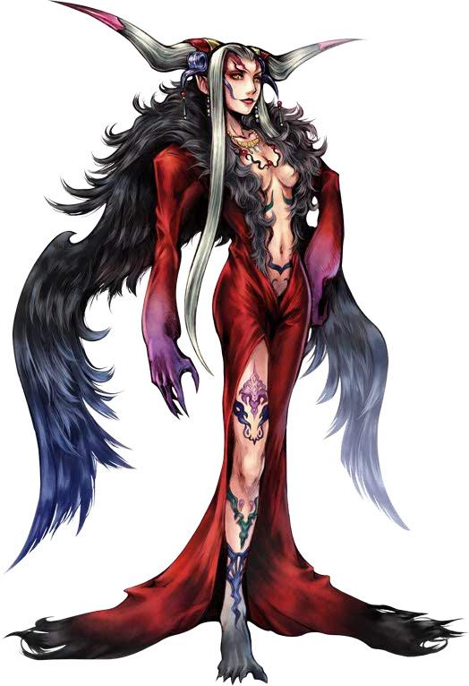 ultimecia, dissidia final fantasy, final fantasy, final fantasy viii, silver hair, 1990s (style), 1girl, breasts, cleavage, dress, jewelry, long hair, navel, necklace, red dress, tattoo