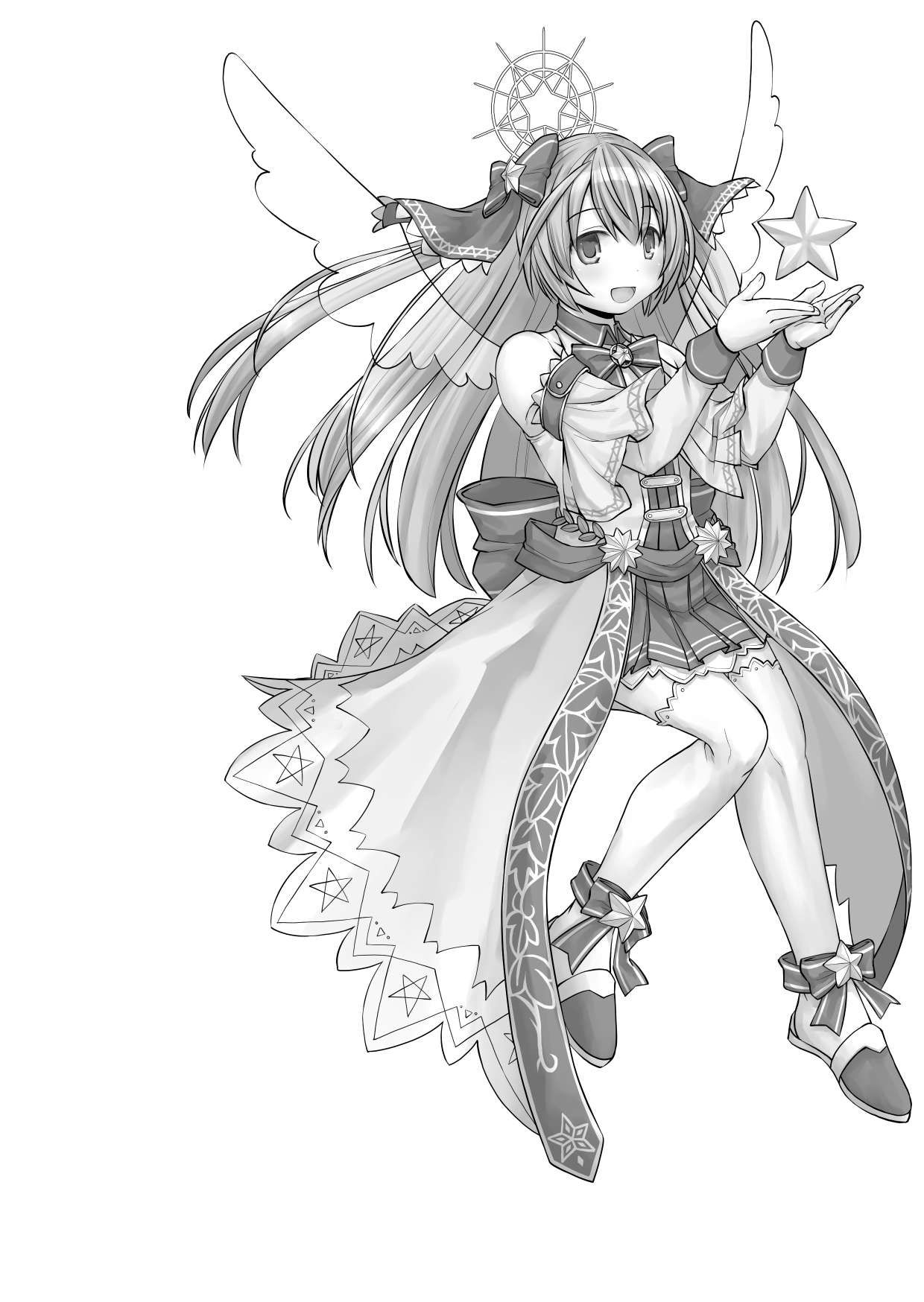 kasuga yukihito, stella lore, emil chronicle online, highres, 1girl, boots, bow, bowtie, detached sleeves, frilled sleeves, frills, hair ornament, hair ribbon, halo, holding, holding star, jacket, leg ribbon, long hair, looking at viewer, monochrome, open mouth, pleated skirt, ribbon, skirt, solo, star (symbol), star hair ornament, thighhighs, transparent wings, two side up, waist ribbon