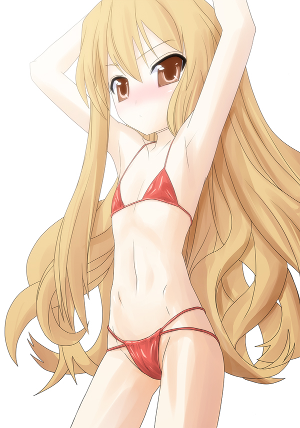 kuroore, aisaka taiga, toradora!, 00s, 1girl, armpits, arms up, bikini, blush, brown eyes, brown hair, cameltoe, cowboy shot, female focus, flat chest, loli, long hair, micro bikini, navel, red bikini, solo, swimsuit