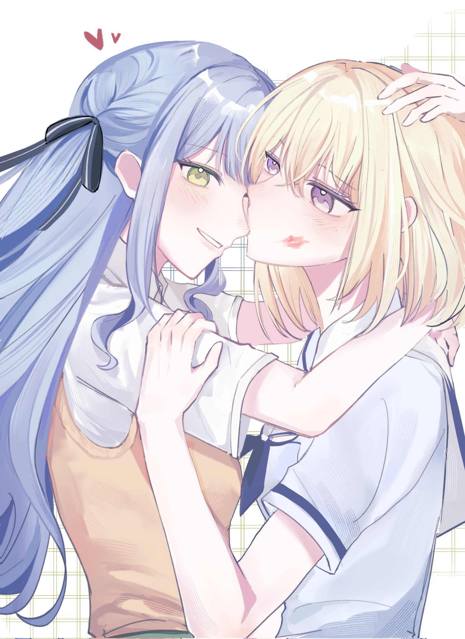 misumi uika, togawa sakiko, bang dream!, bang dream! it's mygo!!!!!, commentary request, highres, 2girls, arms around neck, black ribbon, blonde hair, blue hair, blue shirt, blush, hair ribbon, hanasakigawa school uniform, hand on another's arm, haneoka school uniform, heart, lipstick mark, lipstick mark on face, long hair, looking at another, looking at viewer, medium hair, multiple girls, parted lips, purple eyes, ribbon, sailor collar, school uniform, shirt, smile, sweater vest, two side up, upper body, white background, white sailor collar, white shirt, yellow eyes, yellow sweater vest, yuri, zikforhh