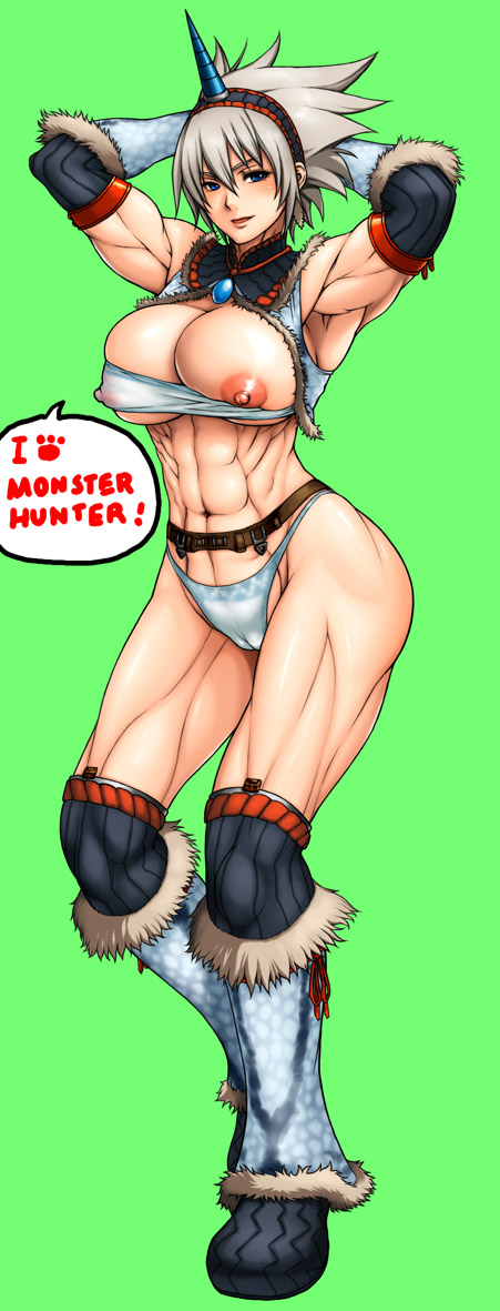 capcom, monster hunter (series), 1girl, :d, abs, armpits, arms behind head, bandeau, belt, black thighhighs, blue eyes, blush, boots, breasts, bursting breasts, cameltoe, cleavage, cleavage cutout, clothing cutout, covered erect nipples, crop top, detached sleeves, elbow gloves, english text, female focus, fur trim, gem, gloves, grey hair, groin, hairband, headband, horns, kirin (armor), large breasts, leg warmers, looking at viewer, midriff, muscular, naughty face, navel, nipple slip, nipples, open clothes, open mouth, open shirt, panties, paw print, print panties, see-through clothes, shirt, short hair, simple background, single horn, smile, solo, speech bubble, spiked hair, strapless, thigh boots, thighhighs, tube top, turtleneck, underboob, underwear, vest, white panties