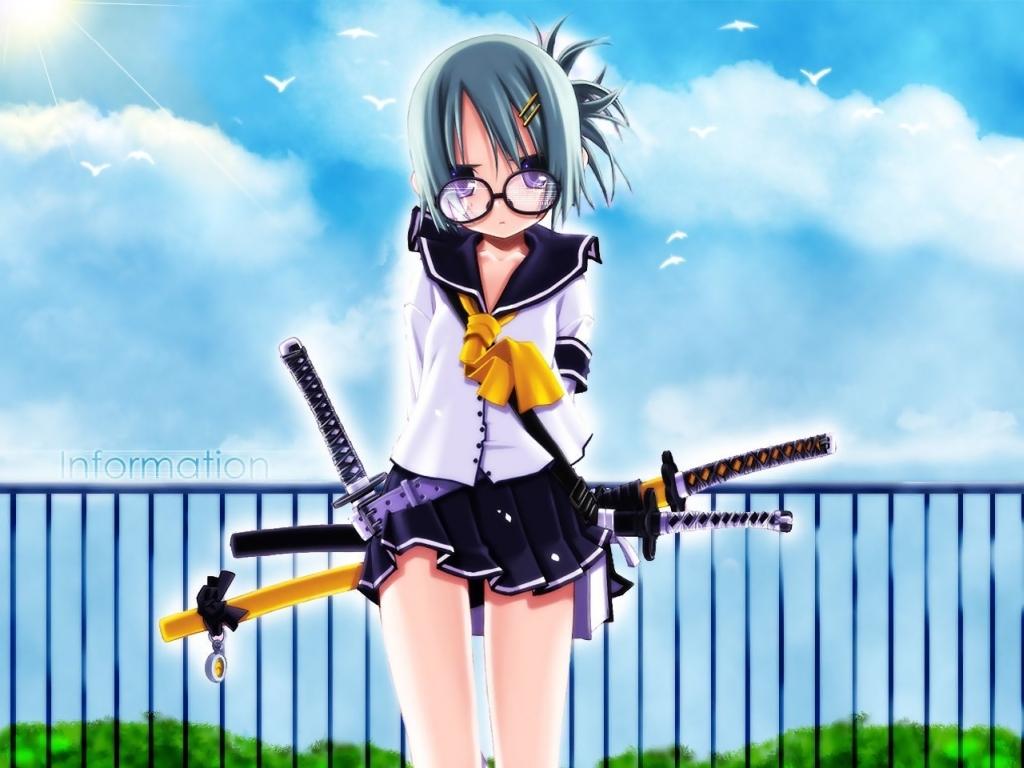 sakuya tsuitachi, original, belt, book, glaring, glasses, green hair, hair ornament, hairclip, hairpin, katana, necktie, ponytail, school uniform, serafuku, solo, square-end necktie, sword, weapon