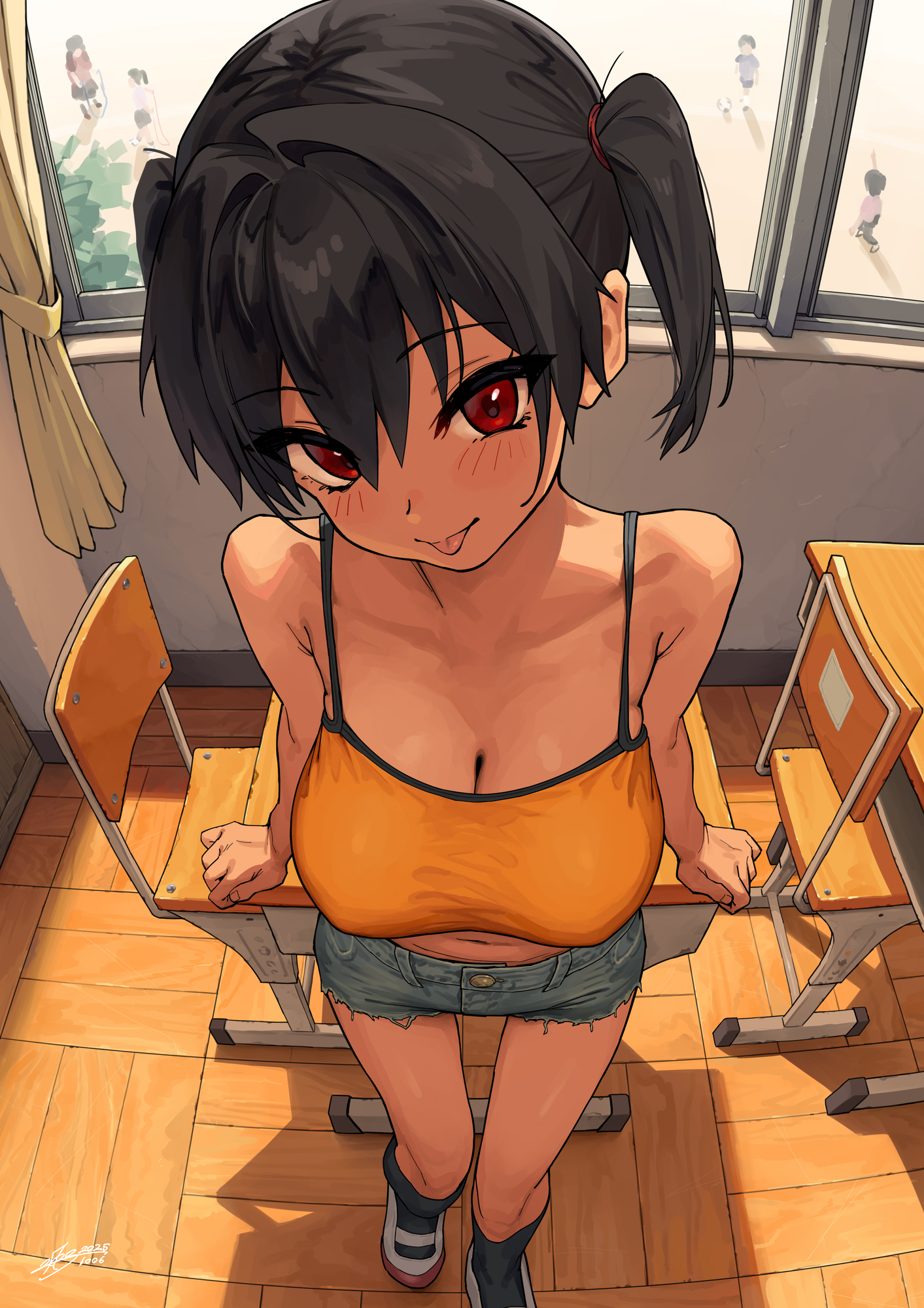 kaedeko (kaedelic), sasaki kanna, gaki kyonyuu, commentary request, highres, 1girl, :p, black hair, black socks, breasts, brown eyes, camisole, classroom, cleavage, curtains, denim, denim shorts, desk, forest, grey shorts, indoors, large breasts, looking at viewer, mesugaki, midriff, nature, navel, oppai loli, people, school desk, shoes, short shorts, shorts, socks, solo focus, tongue, tongue out, twintails, uwabaki, yellow camisole