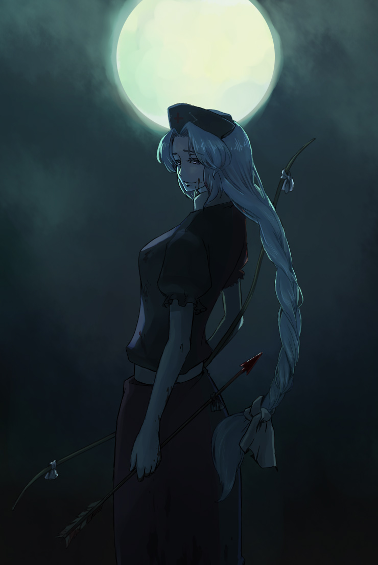 murai shinobu, yagokoro eirin, touhou, 1girl, arrow (projectile), blood, bow (weapon), female focus, gradient background, moon, night, outdoors, sky, smile, solo, standing, weapon, white hair