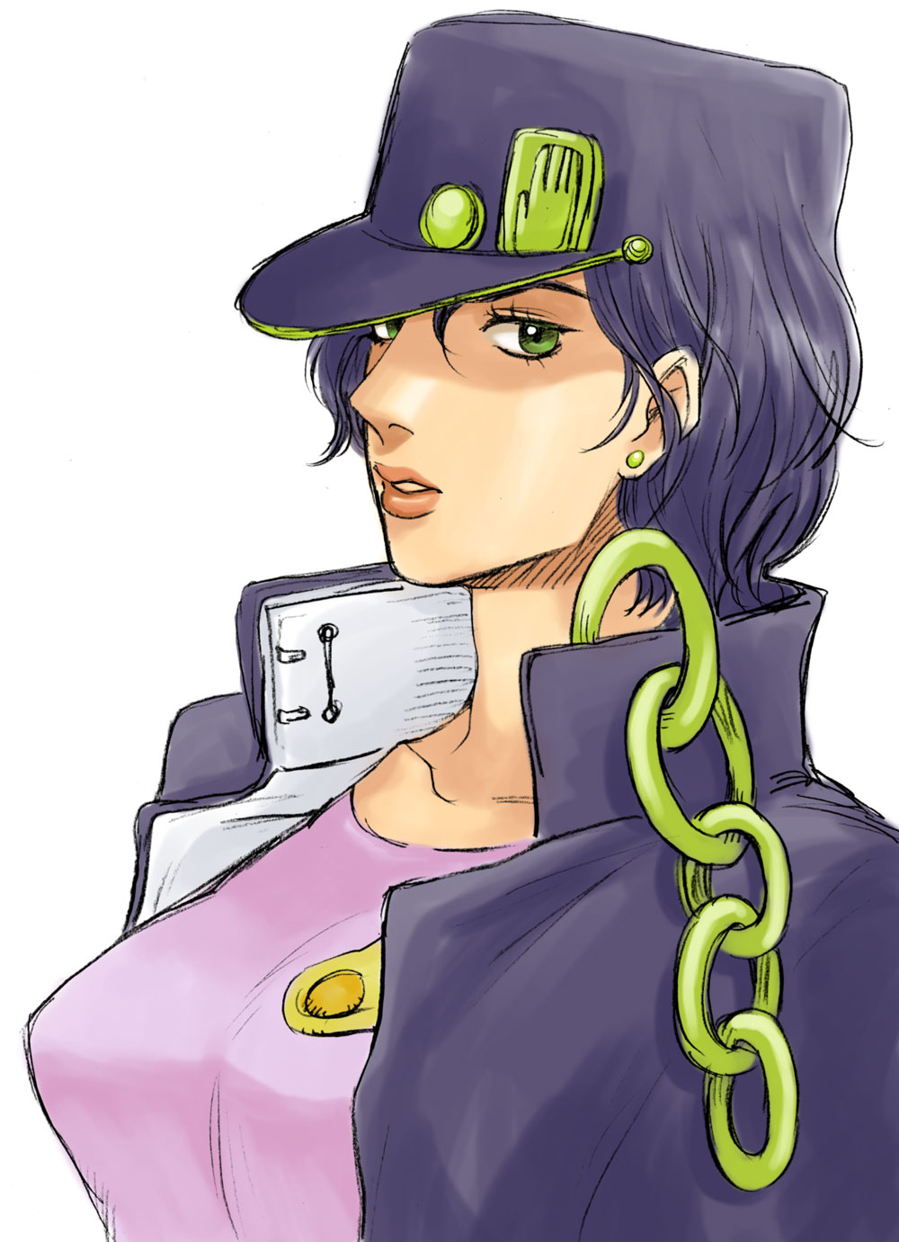 kuujou joutarou, jojo no kimyou na bouken, stardust crusaders, highres, 1girl, black hair, chain, collar, collarbone, emblem, female focus, gakuran, genderswap, genderswap (mtf), green eyes, hand (symbol), hat, looking at viewer, peaked cap, pink shirt, school uniform, shirt, short hair, simple background, solo, white background