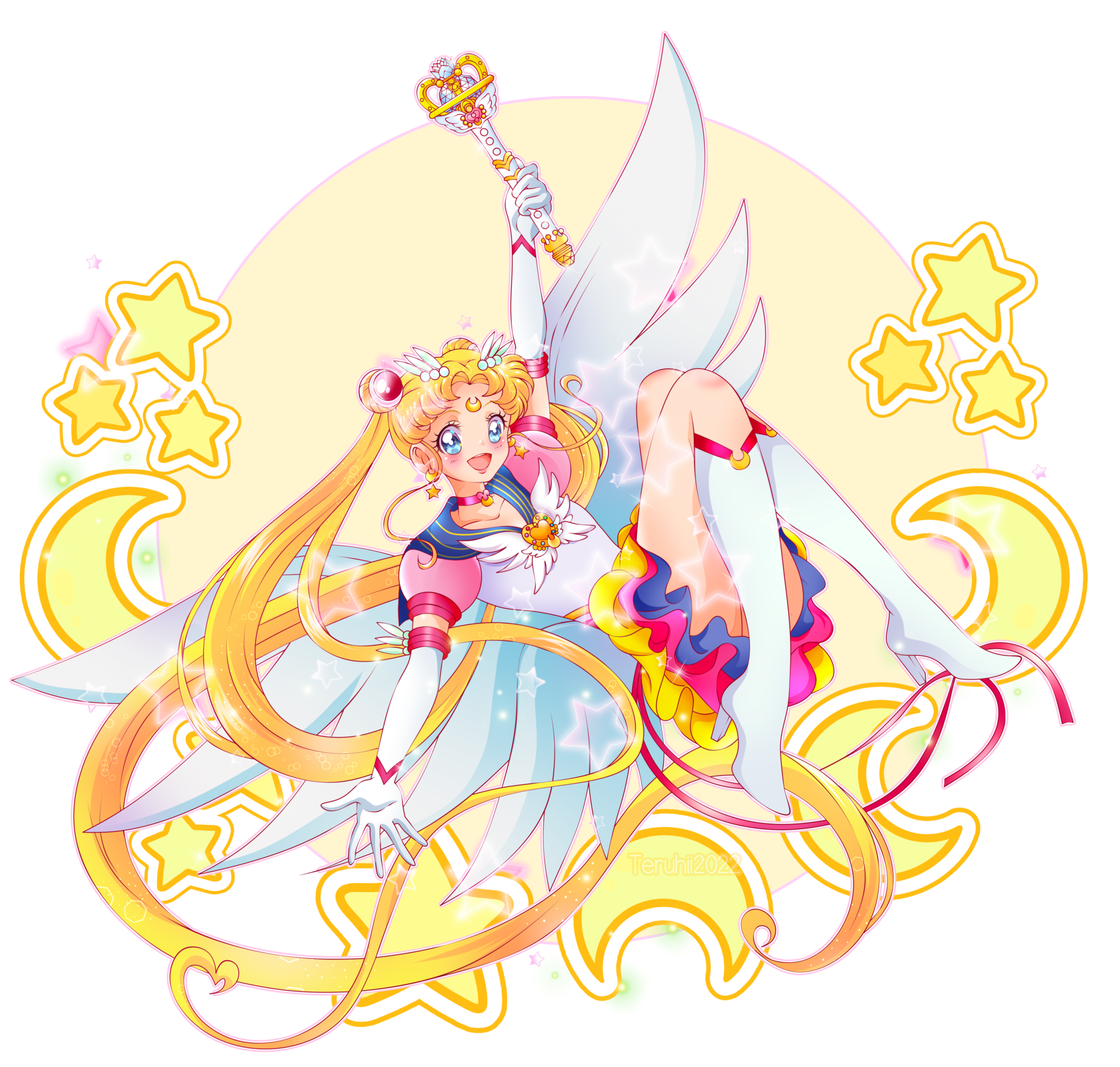 teruhii, eternal sailor moon, sailor moon, tsukino usagi, bishoujo senshi sailor moon, bishoujo senshi sailor moon stars, absurdres, highres, blonde hair, blue eyes, blue sailor collar, boots, brooch, choker, crescent, crescent earrings, crescent facial mark, double bun, earrings, elbow gloves, eternal moon article, eternal tiare, facial mark, forehead mark, full body, gloves, hair bun, hair ornament, heart, heart brooch, jewelry, layered skirt, long hair, magical girl, pink sleeves, puffy short sleeves, puffy sleeves, sailor collar, sailor senshi uniform, short sleeves, skirt, star (symbol), star earrings, twintails, white boots, white gloves, wing brooch, wings