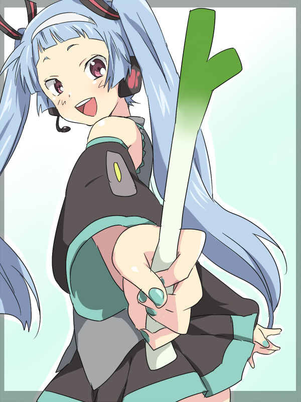 maruki (punchiki), hatsune miku, nagi, kannagi, vocaloid, bad id, bad pixiv id, 1girl, black skirt, blue hair, blunt bangs, cosplay, detached sleeves, female focus, hairband, hatsune miku (cosplay), headset, long hair, skirt, solo, spring onion, twintails
